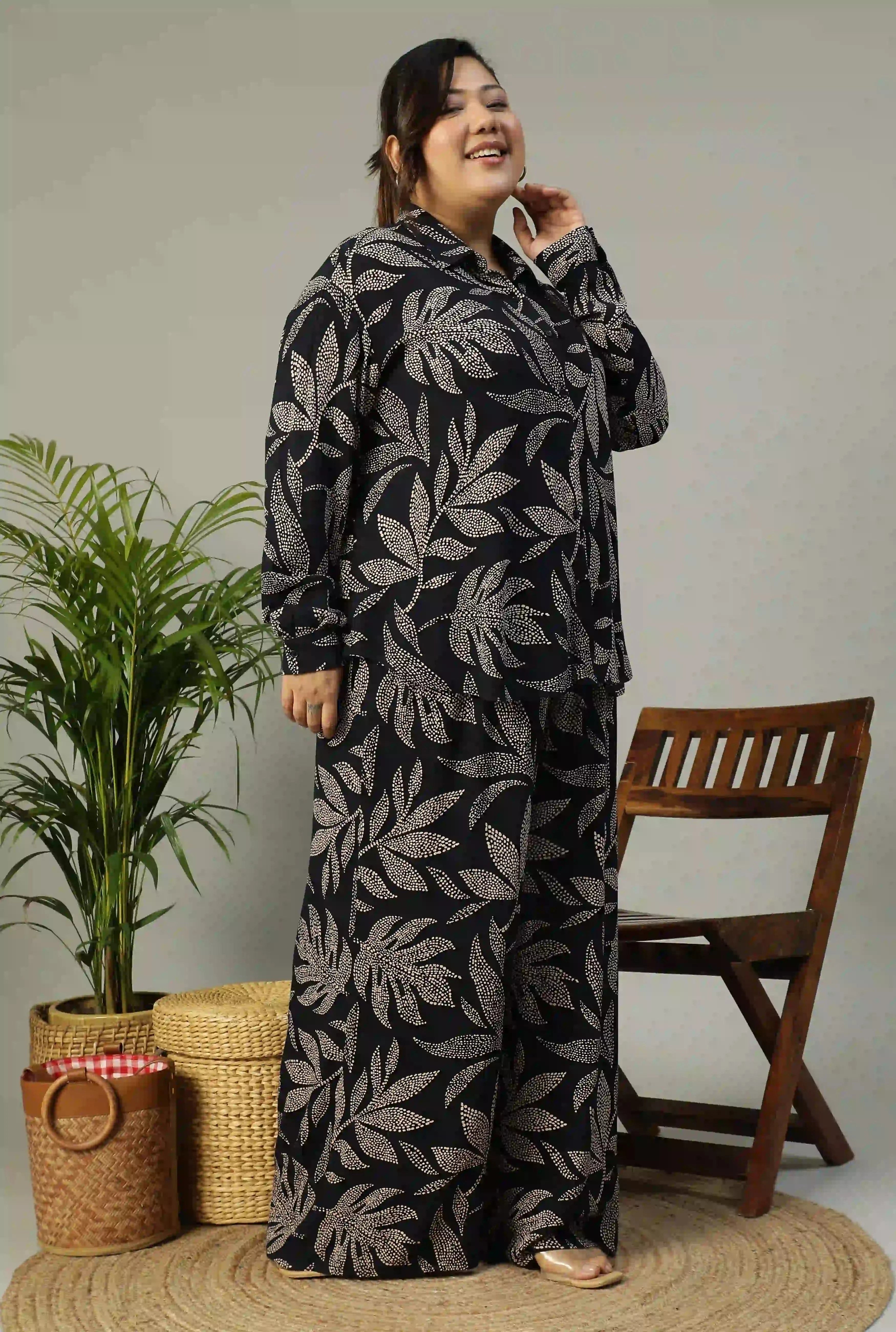 Black Tropical Printed Shirt and Trouser Women plus Size Co-ord Set