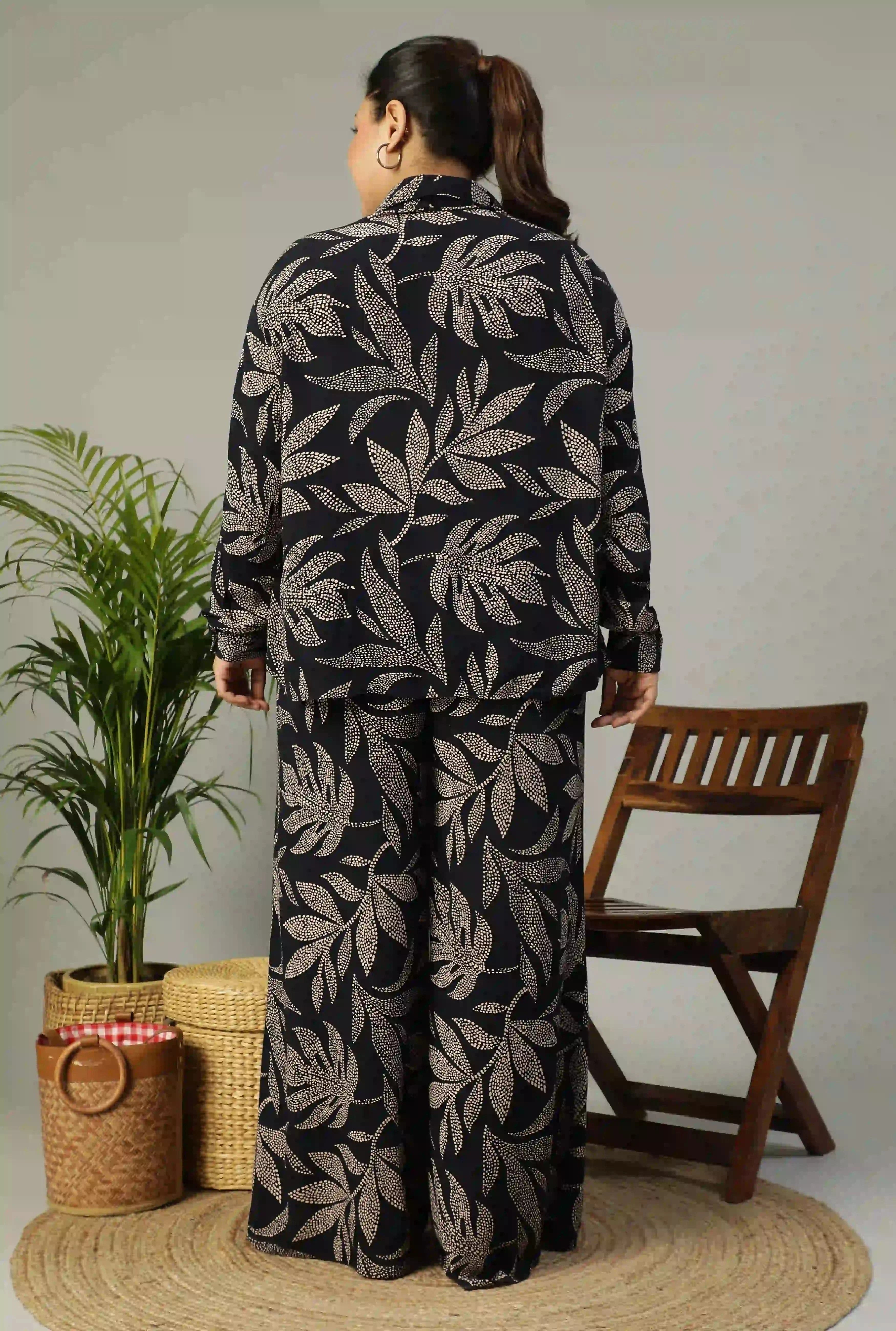 Black Tropical Printed Shirt and Trouser Women plus Size Co-ord Set