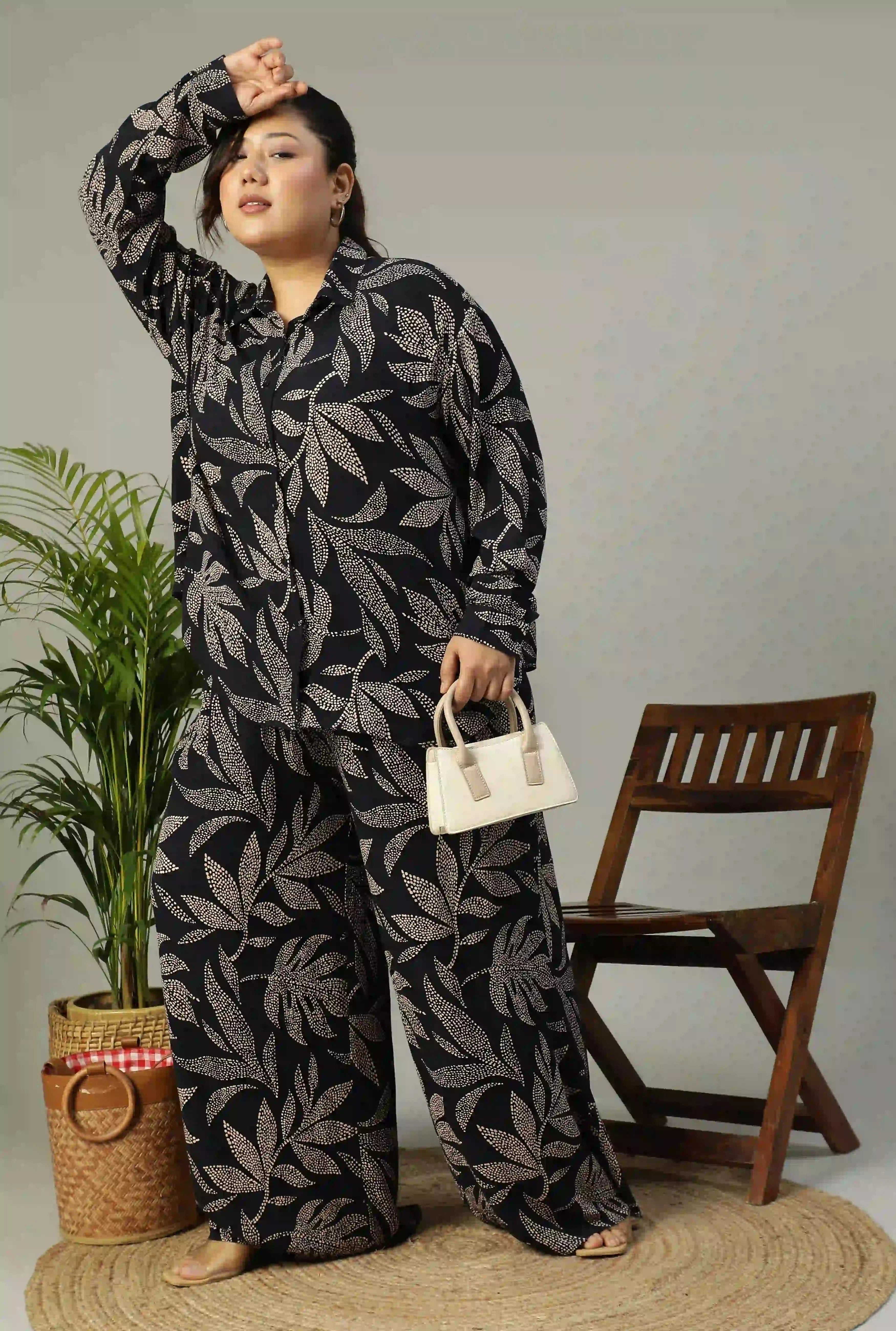 Black Tropical Printed Shirt and Trouser Women plus Size Co-ord Set