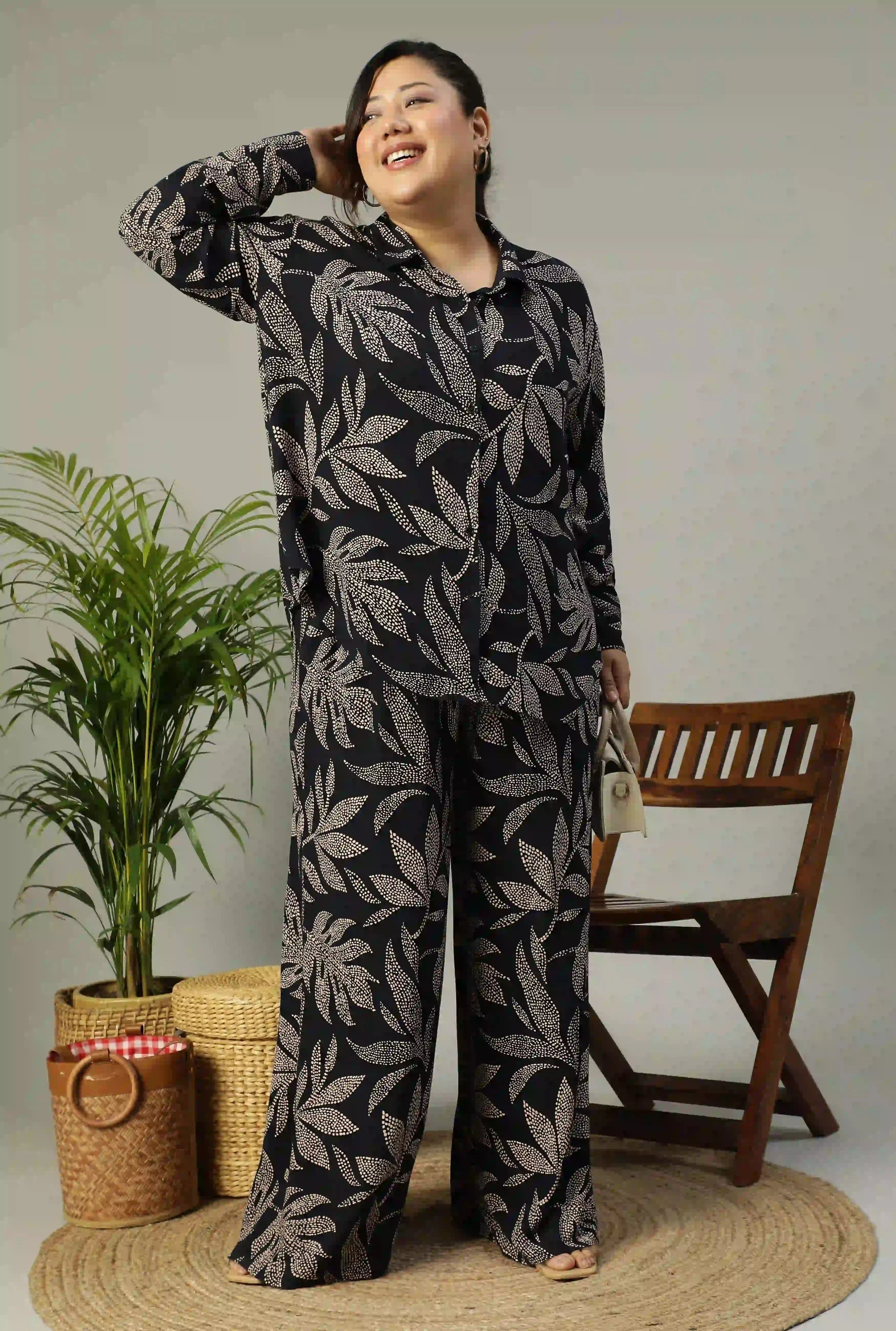 Black Tropical Printed Shirt and Trouser Women plus Size Co-ord Set