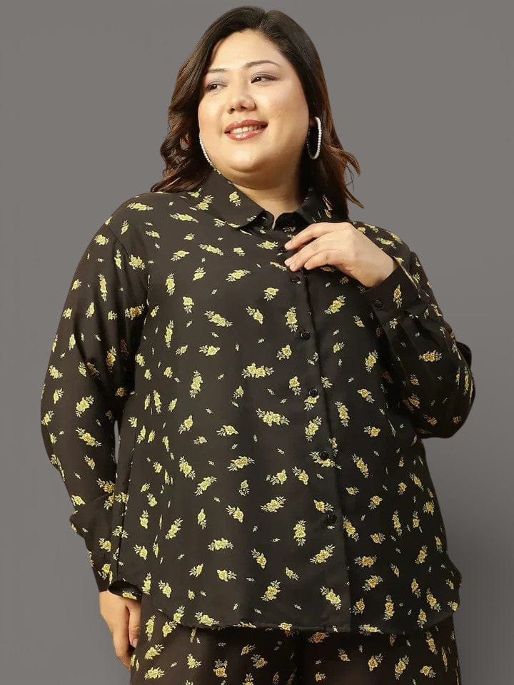 Well Black rayon print  Collared Button-Down Plus-Size  Women Shirt