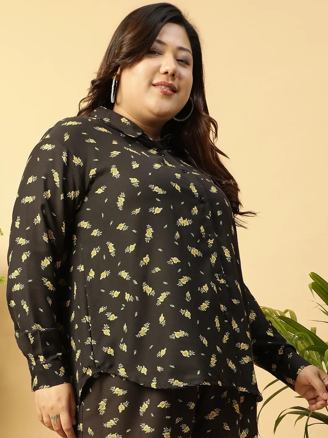 Well Black rayon print  Collared Button-Down Plus-Size  Women Shirt