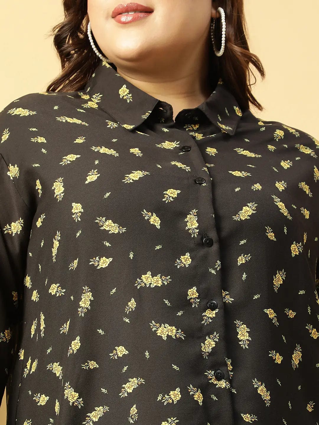 Well Black rayon print  Collared Button-Down Plus-Size  Women Shirt