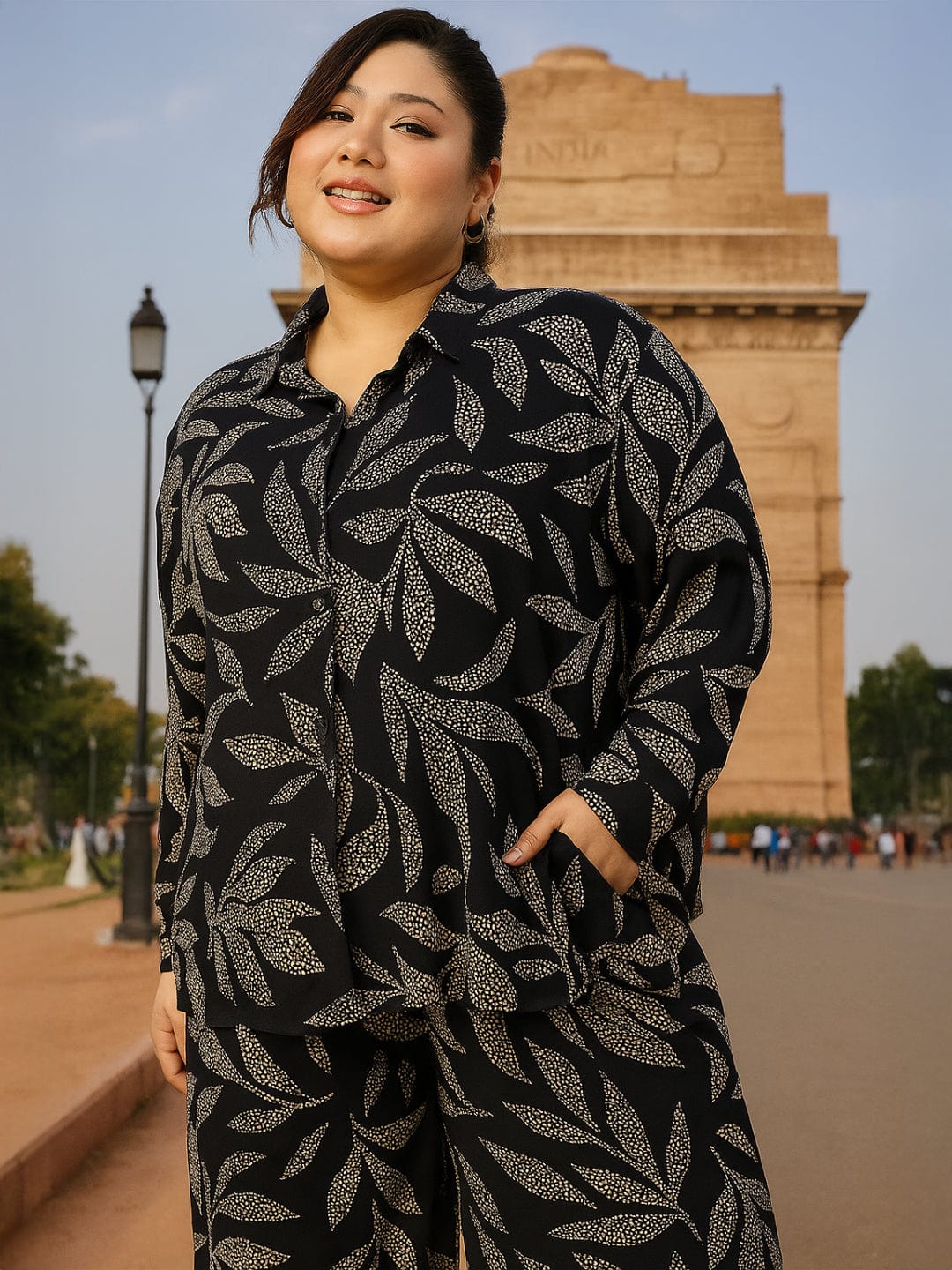 Bold Black Tropical rayon print  Collared Button-Down Plus-Size  Women Shirt