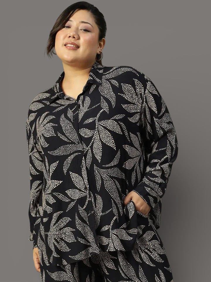 Plus Size Black Tropical Print Shirt
