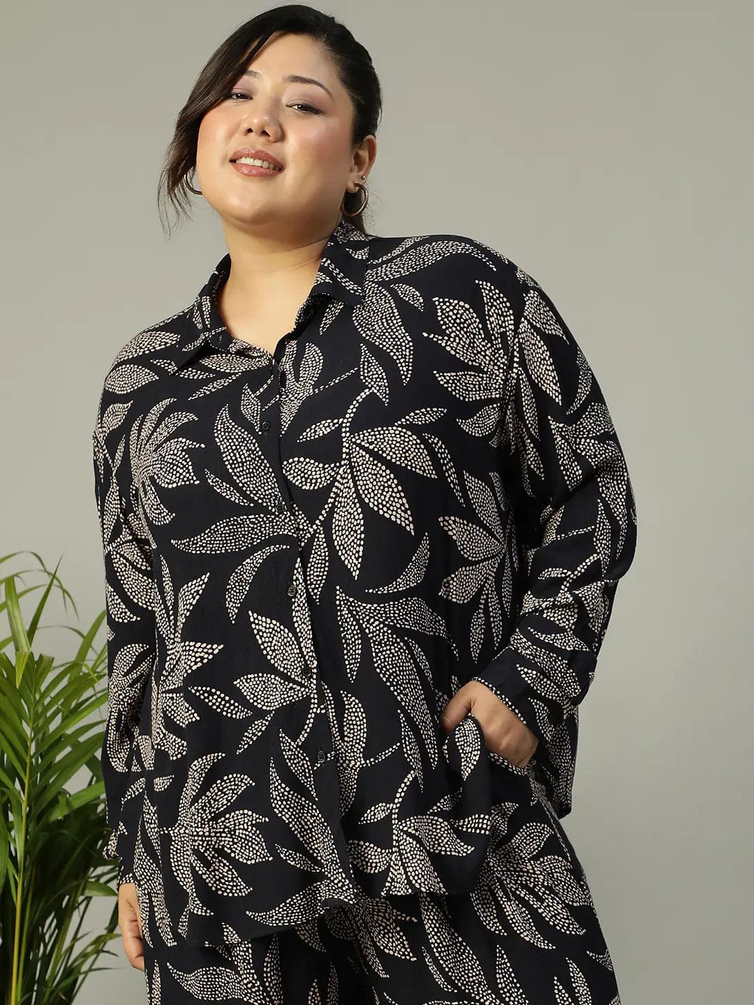 Bold Black Tropical rayon print  Collared Button-Down Plus-Size  Women Shirt