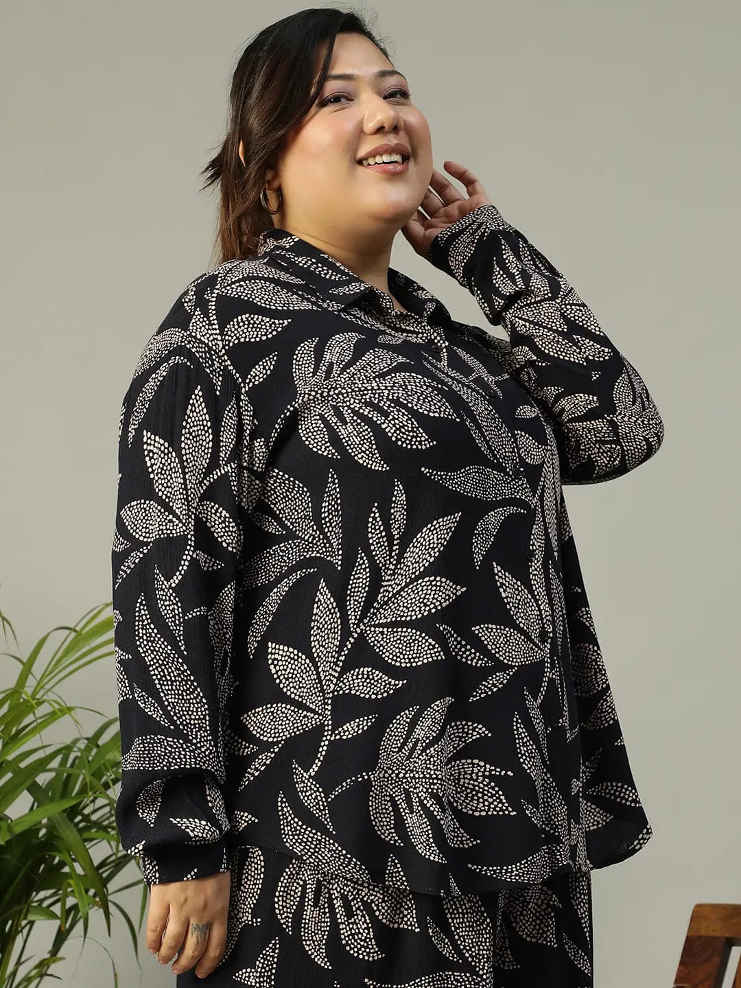 Bold Black Tropical rayon print  Collared Button-Down Plus-Size  Women Shirt