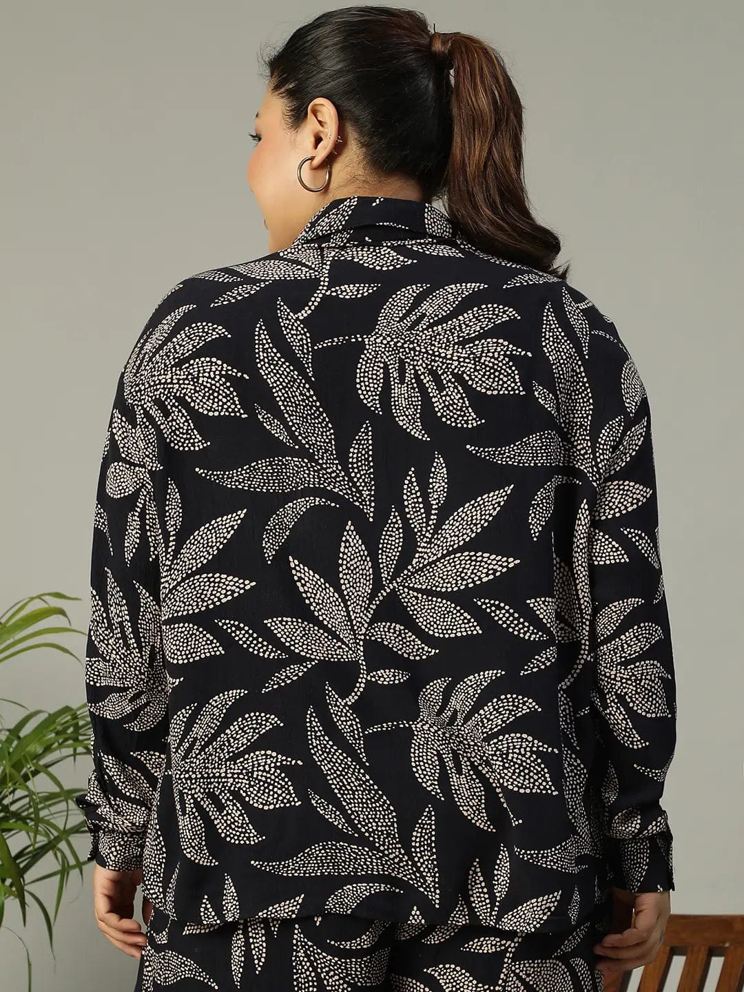 Bold Black Tropical rayon print  Collared Button-Down Plus-Size  Women Shirt