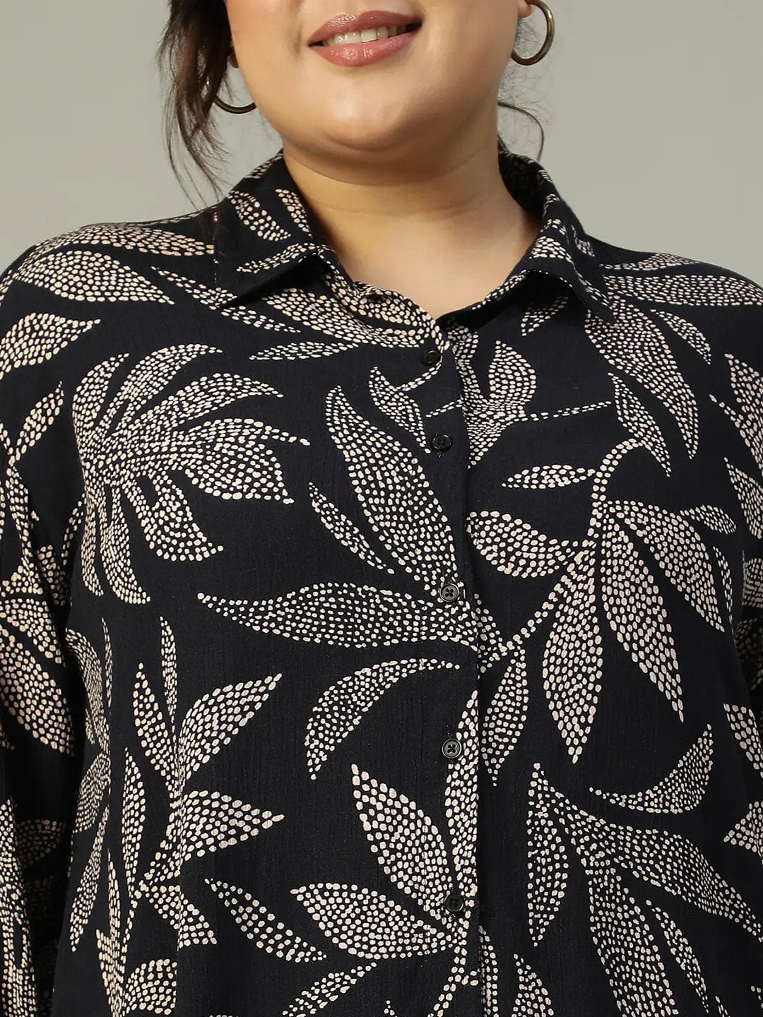 Bold Black Tropical rayon print  Collared Button-Down Plus-Size  Women Shirt