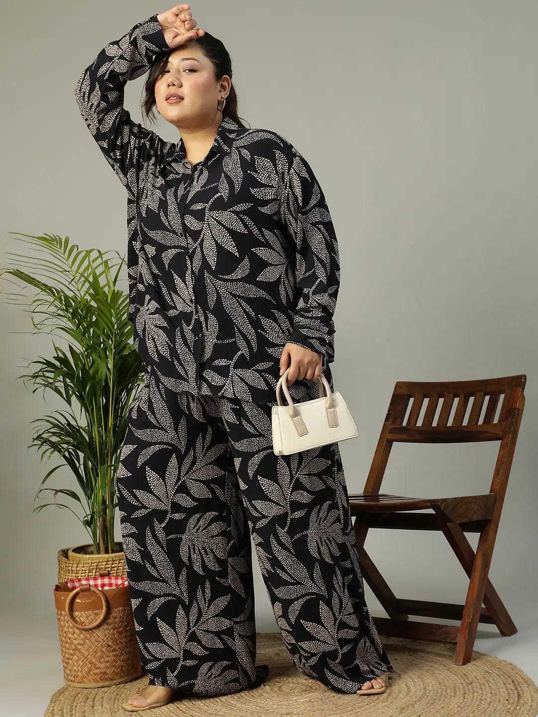 Bold Black Tropical rayon print  Collared Button-Down Plus-Size  Women Shirt