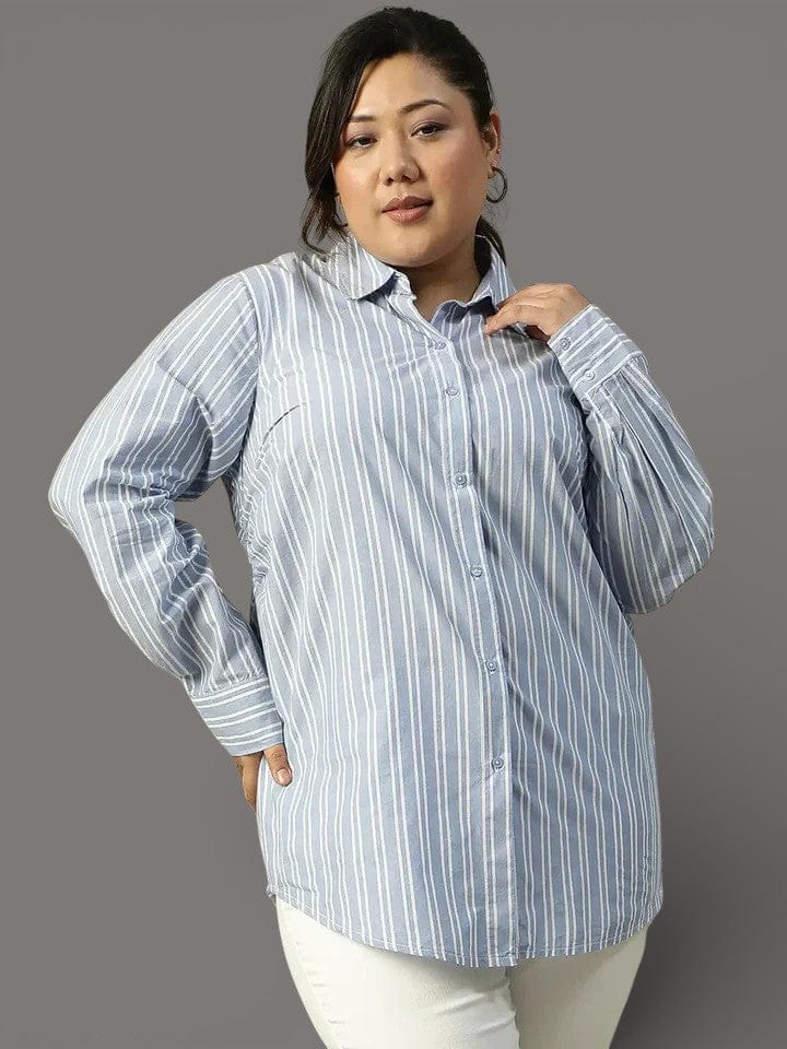 Lasting Blue Stripe Print Long Sleeve Collared Button Down  Plus Size Women Cotton Shirt
