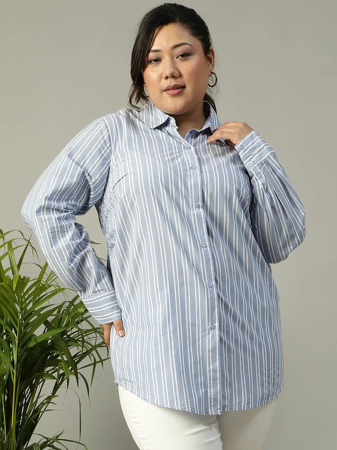 Lasting Blue Stripe Print Long Sleeve Collared Button Down  Plus Size Women Cotton Shirt