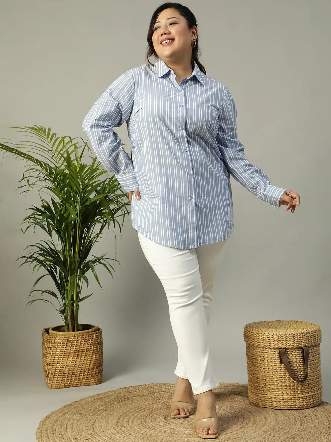 Lasting Blue Stripe Print Long Sleeve Collared Button Down  Plus Size Women Cotton Shirt