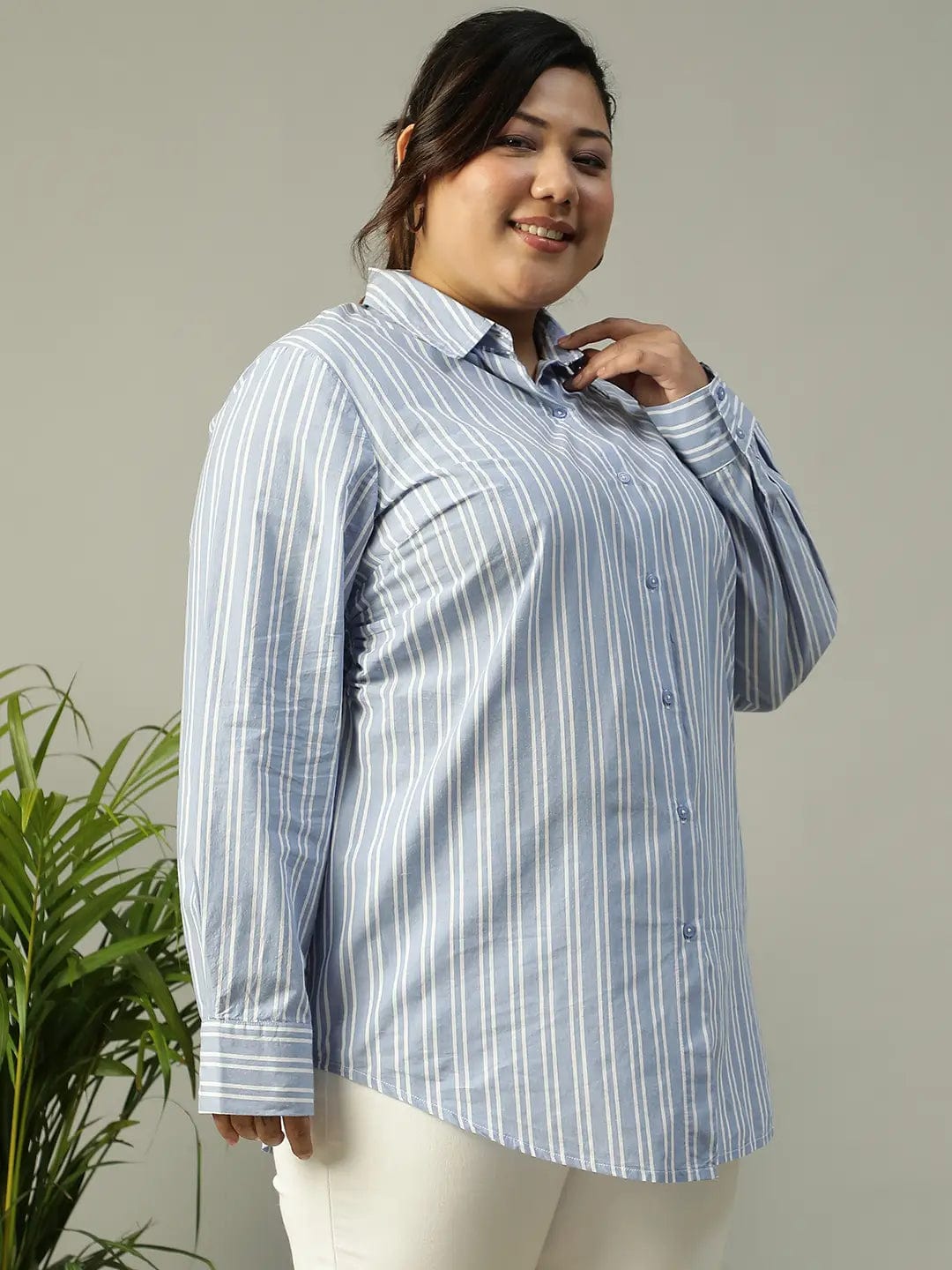 Lasting Blue Stripe Print Long Sleeve Collared Button Down  Plus Size Women Cotton Shirt