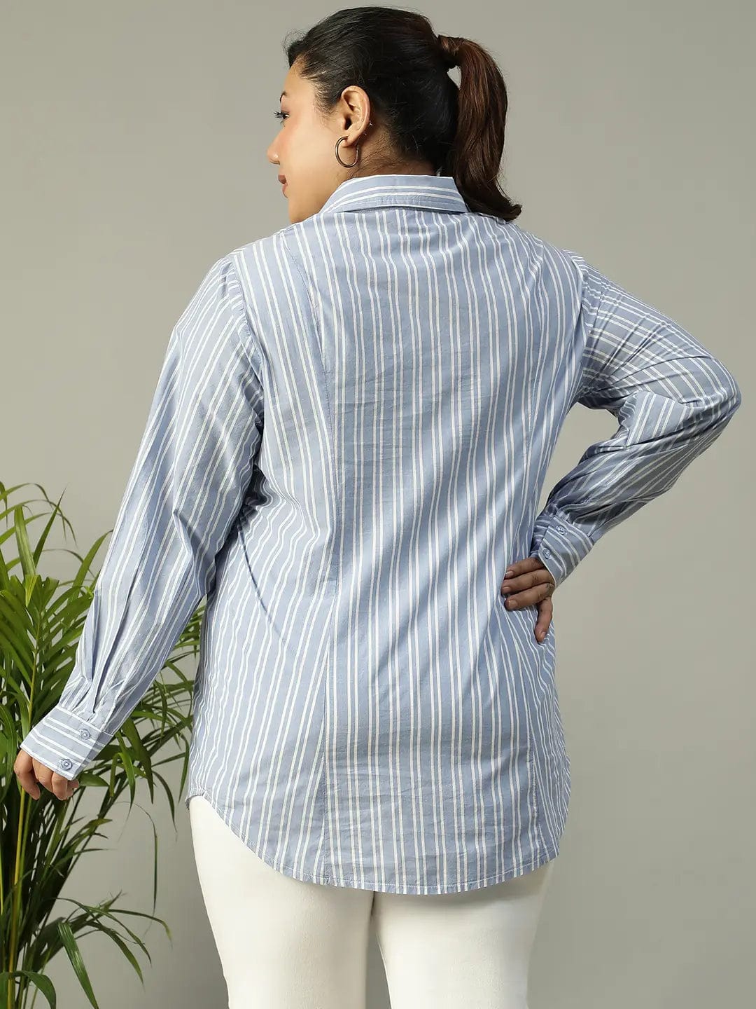 Lasting Blue Stripe Print Long Sleeve Collared Button Down  Plus Size Women Cotton Shirt