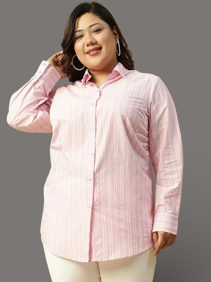 Plus Size Pink Stripe Cotton Shirt