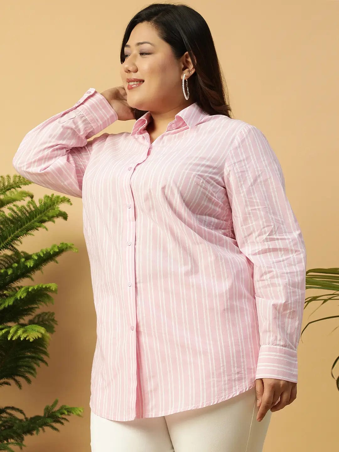 Soft Pink Stripe Print Long Sleeve Collared Button Down  Plus Size Women Cotton Shirt