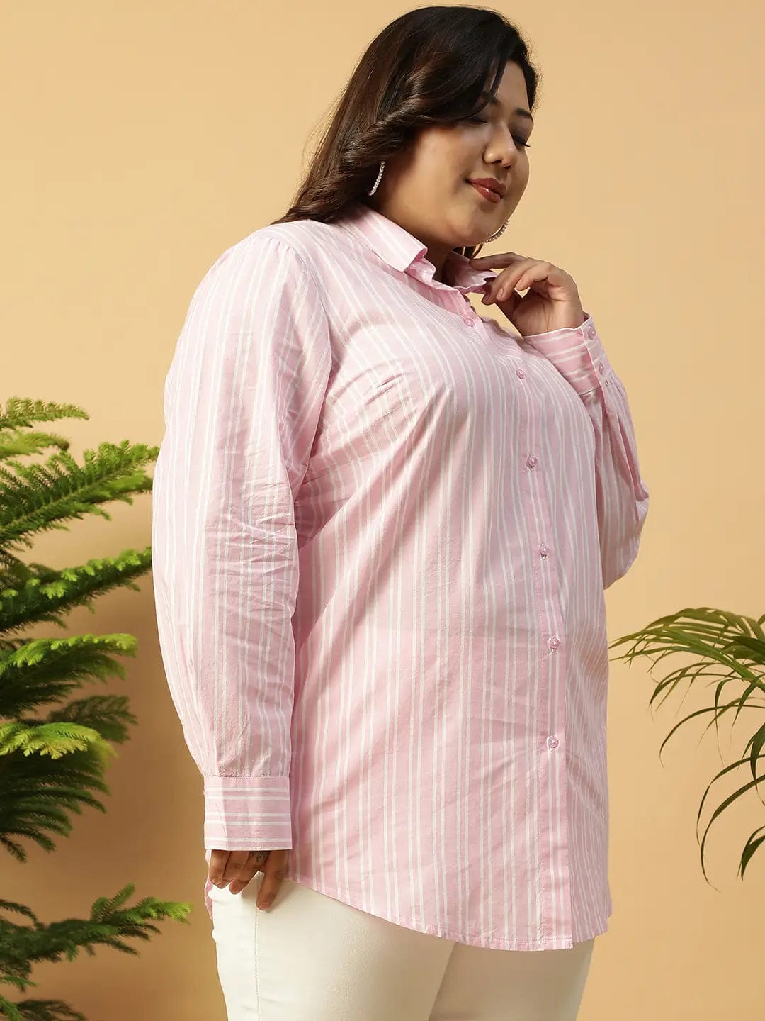 Soft Pink Stripe Print Long Sleeve Collared Button Down  Plus Size Women Cotton Shirt