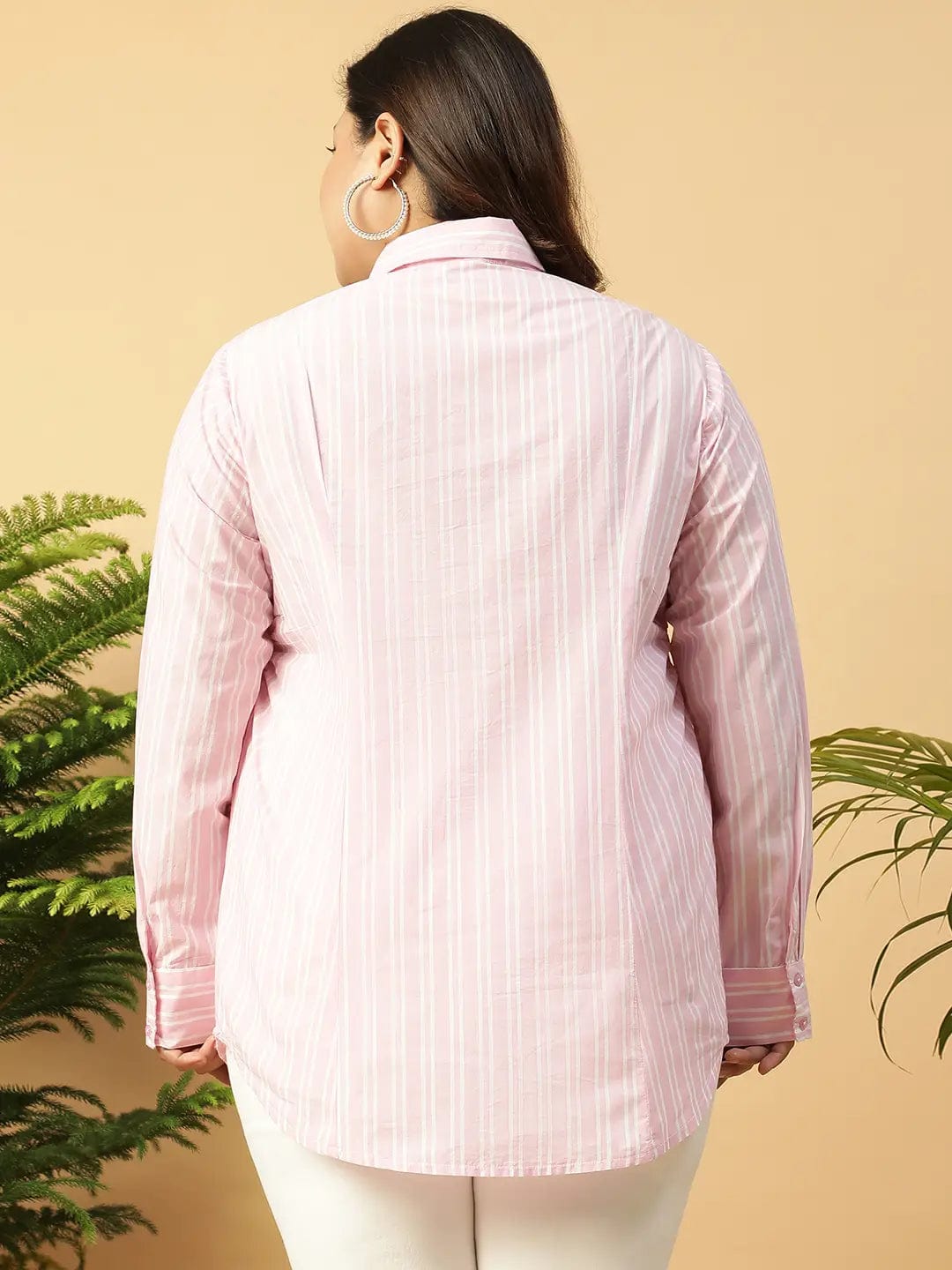 Soft Pink Stripe Print Long Sleeve Collared Button Down  Plus Size Women Cotton Shirt