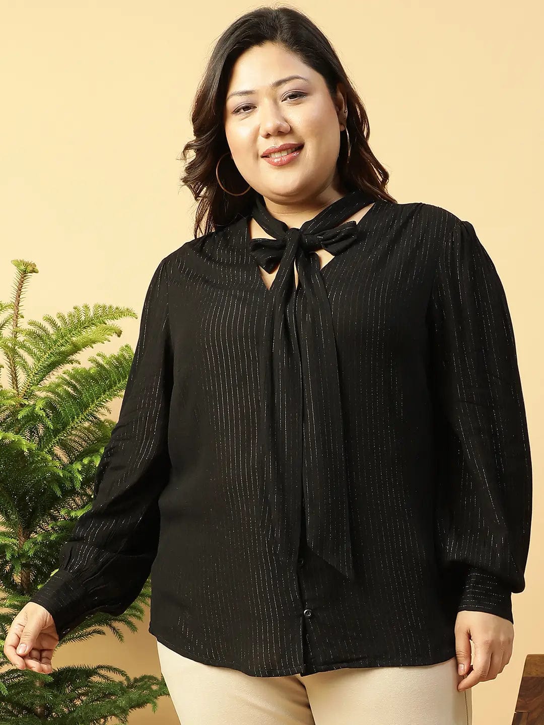 Black Lurex rayon solid V- Neck With Tie-knot Belt Long Sleeve Plus Size Women Top