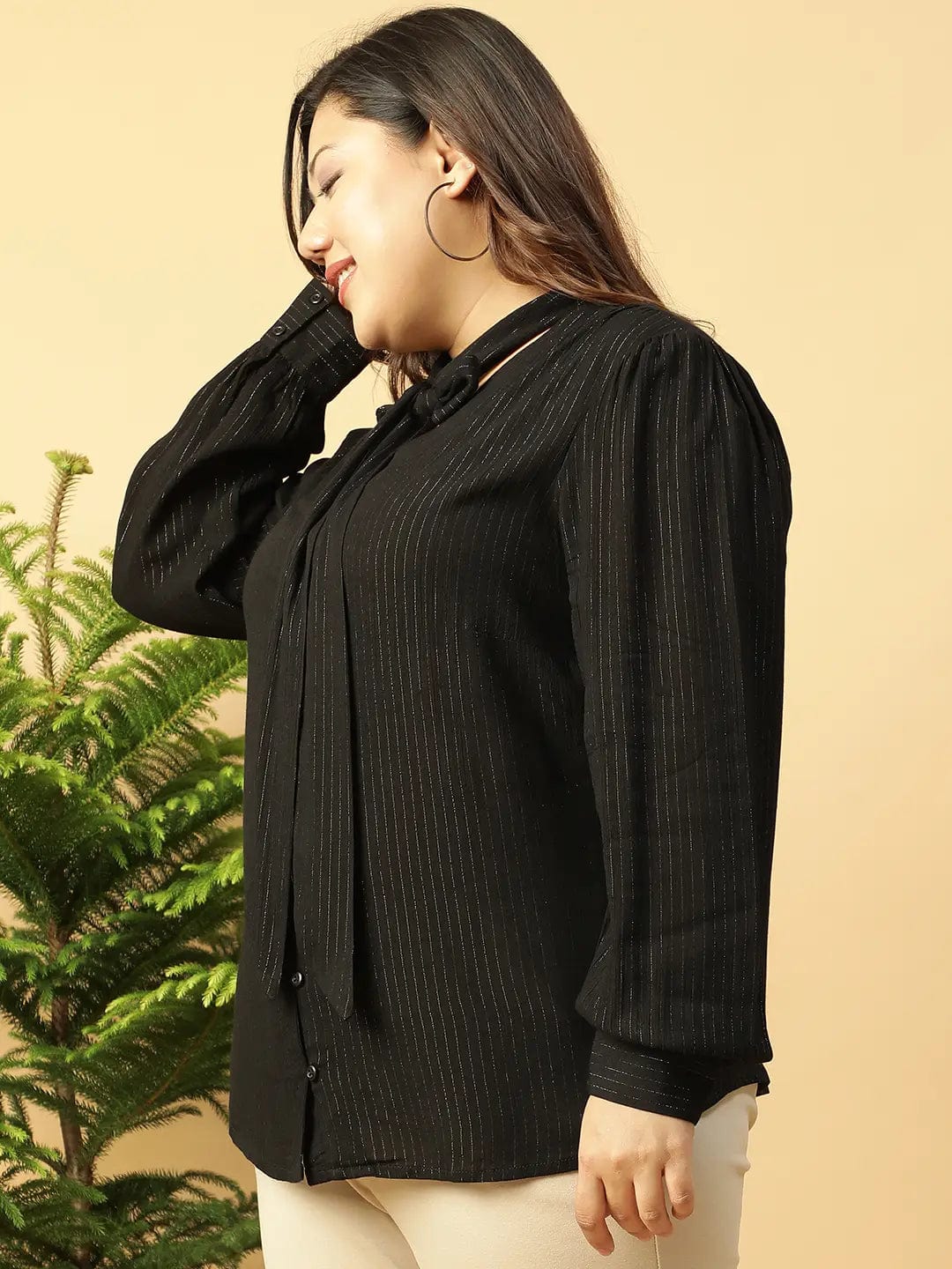 Black Lurex rayon solid V- Neck With Tie-knot Belt Long Sleeve Plus Size Women Top