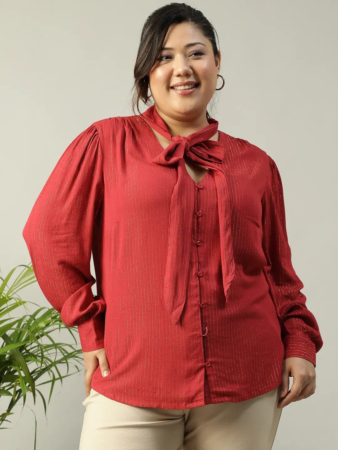 Red Lurex rayon solid V- Neck With Tie-knot Belt Long Sleeve Plus Size Women Top