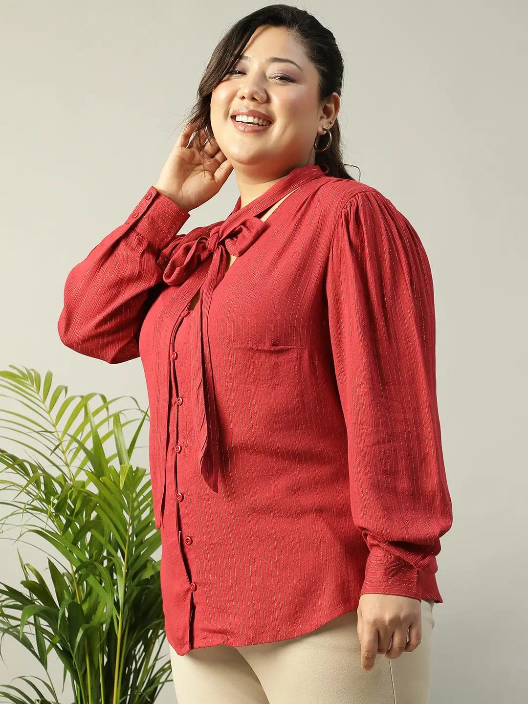 Red Lurex rayon solid V- Neck With Tie-knot Belt Long Sleeve Plus Size Women Top