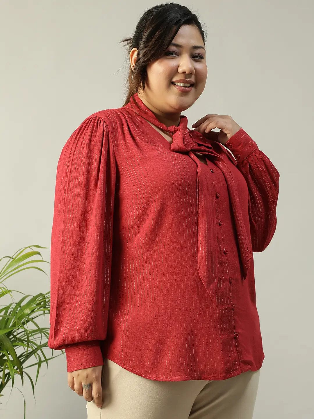 Red Lurex rayon solid V- Neck With Tie-knot Belt Long Sleeve Plus Size Women Top