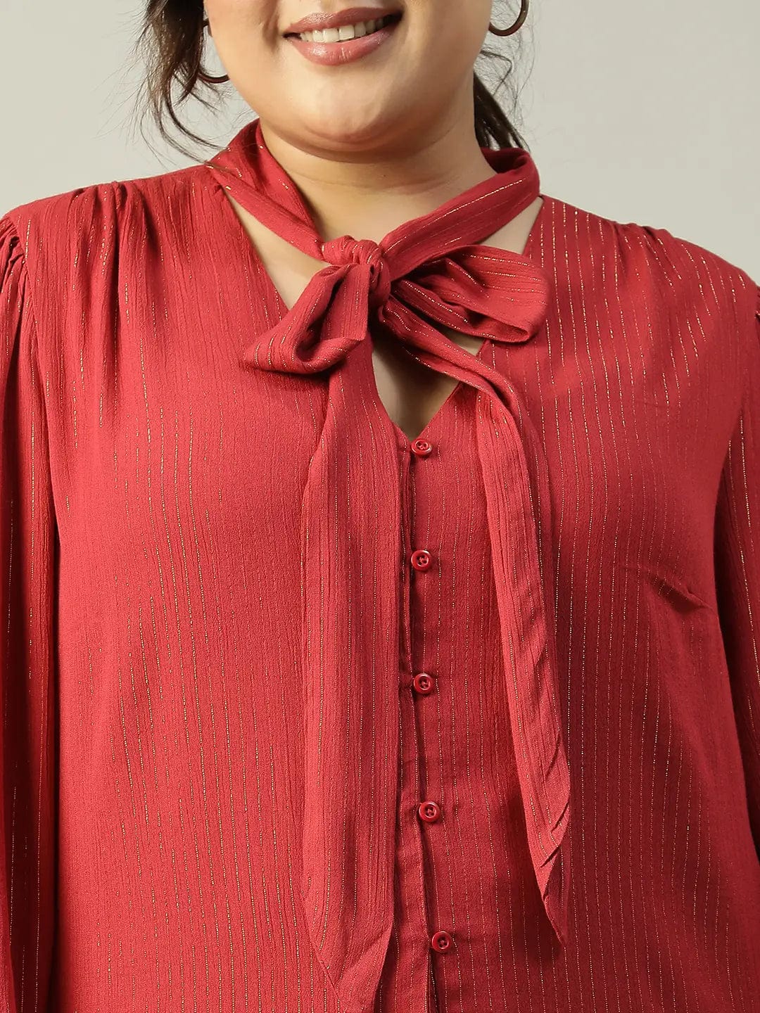 Red Lurex rayon solid V- Neck With Tie-knot Belt Long Sleeve Plus Size Women Top