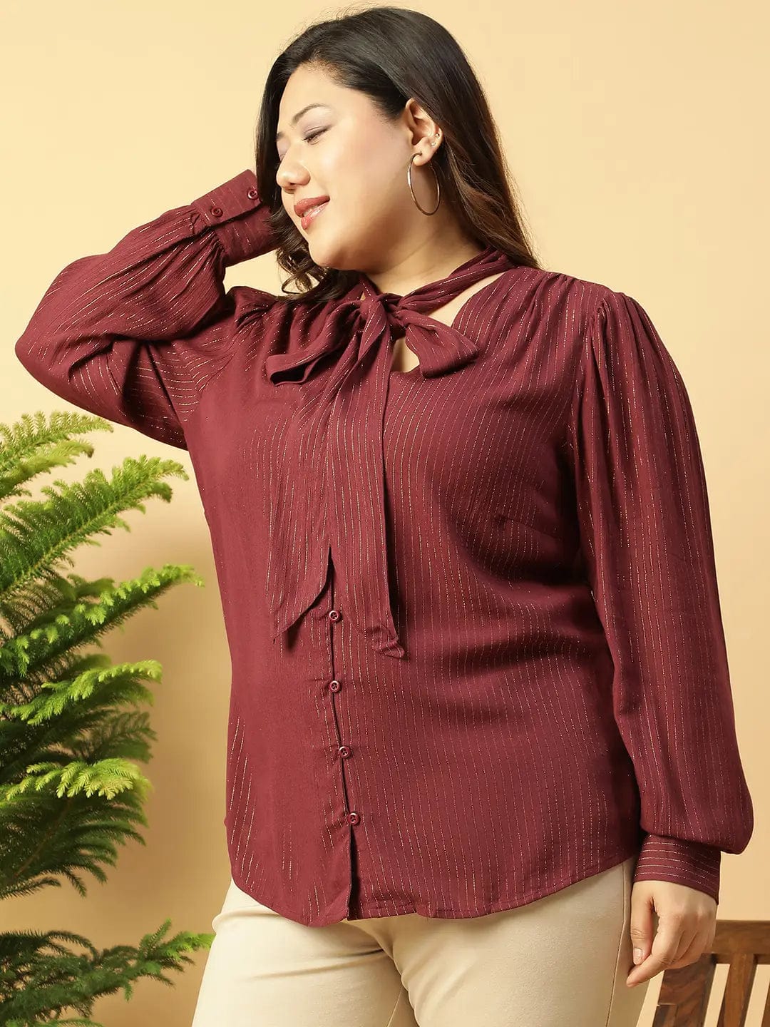 Maroon Lurex rayon V- Neck With Tie-knot Belt Long Sleeve Plus Size Women Top