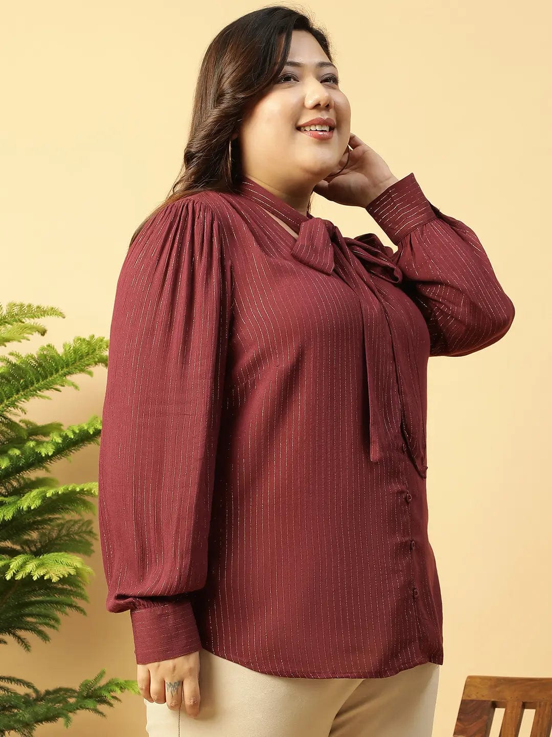 Maroon Lurex rayon V- Neck With Tie-knot Belt Long Sleeve Plus Size Women Top