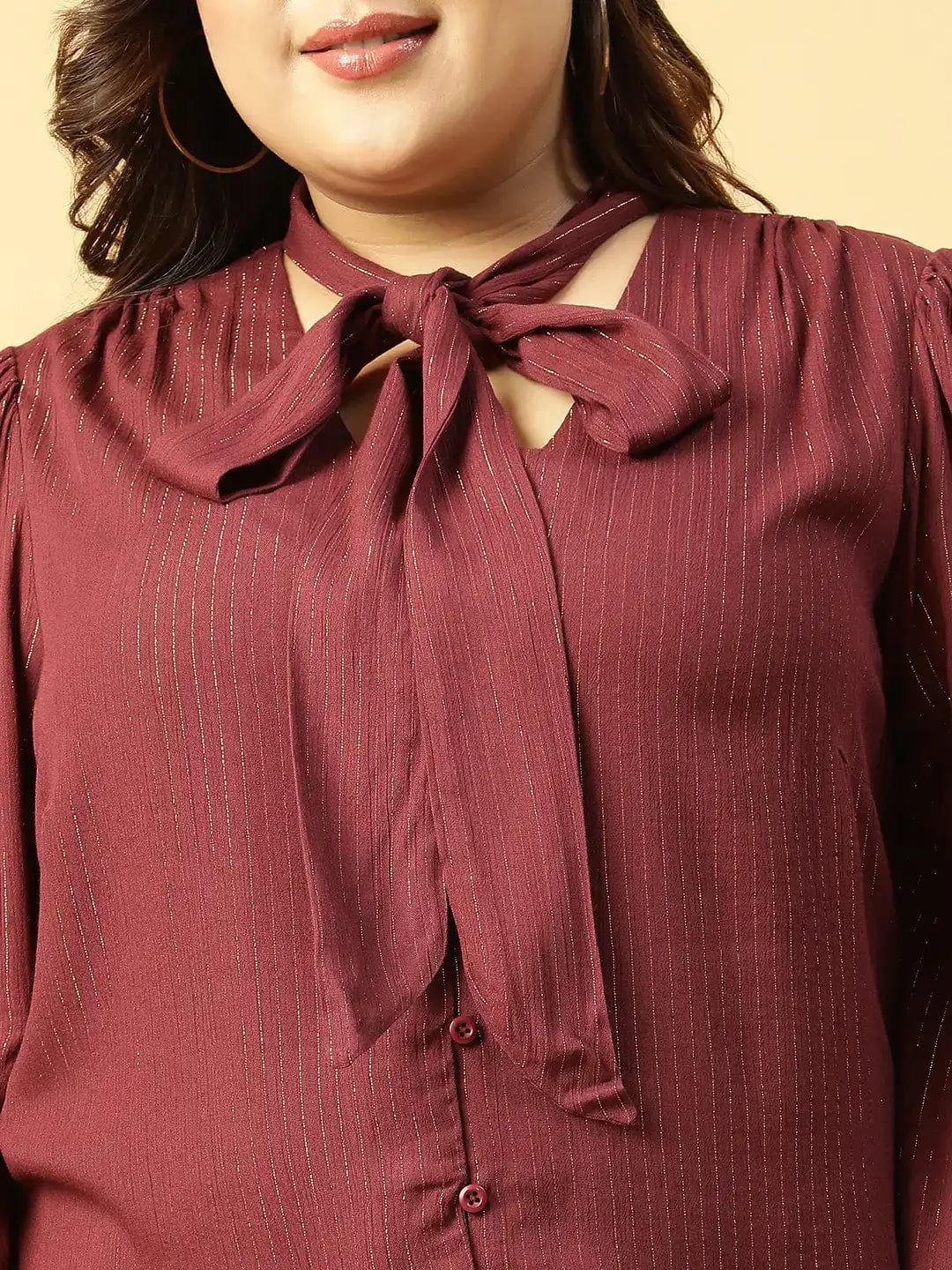 Maroon Lurex rayon V- Neck With Tie-knot Belt Long Sleeve Plus Size Women Top