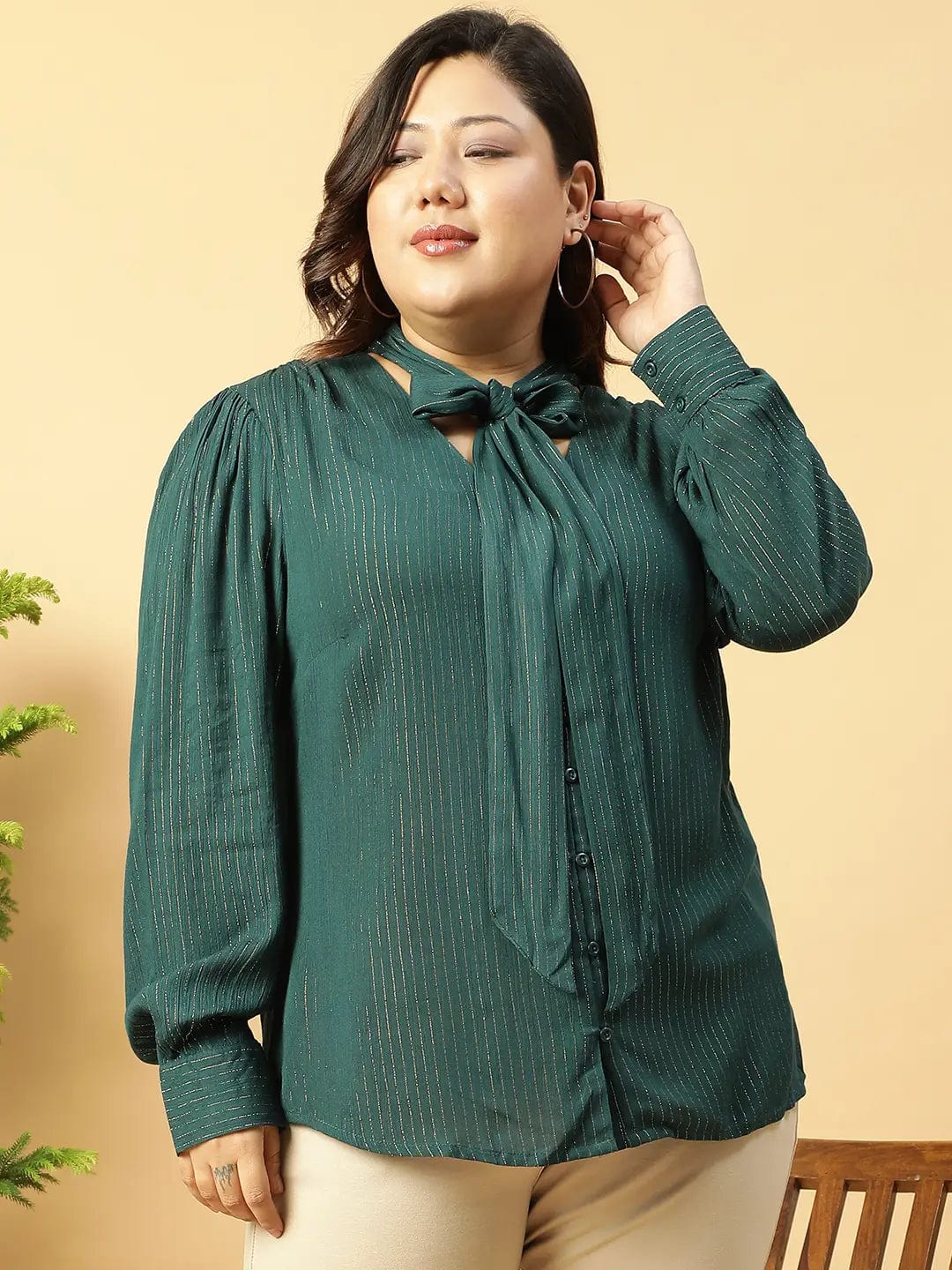 Green Lurex rayon solid V- Neck With Tie-knot Belt Long Sleeve Plus Size Women Top