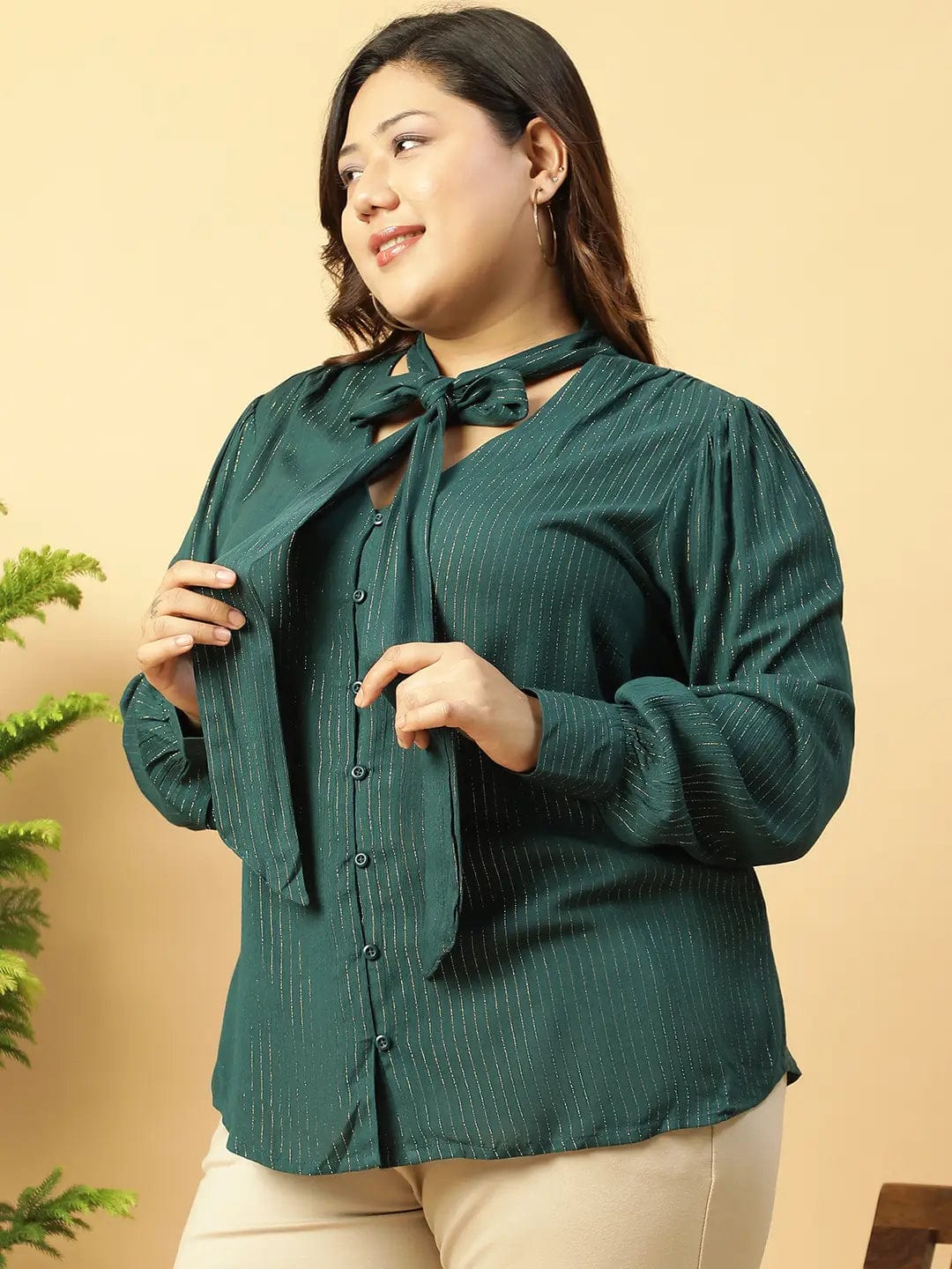 Green Lurex rayon solid V- Neck With Tie-knot Belt Long Sleeve Plus Size Women Top