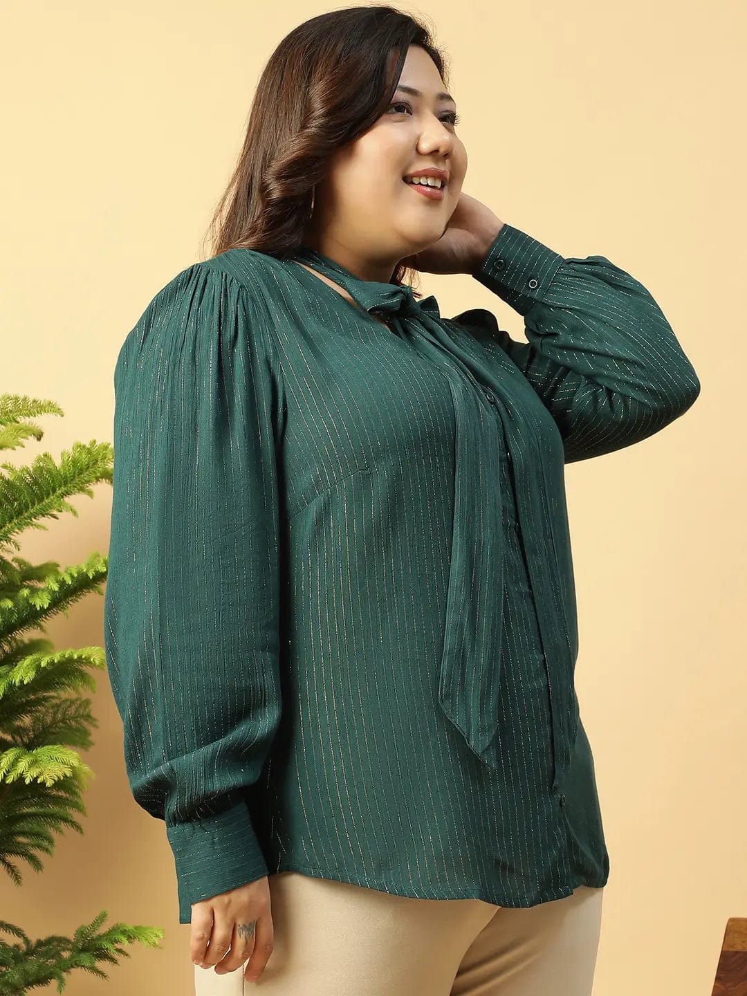 Green Lurex rayon solid V- Neck With Tie-knot Belt Long Sleeve Plus Size Women Top