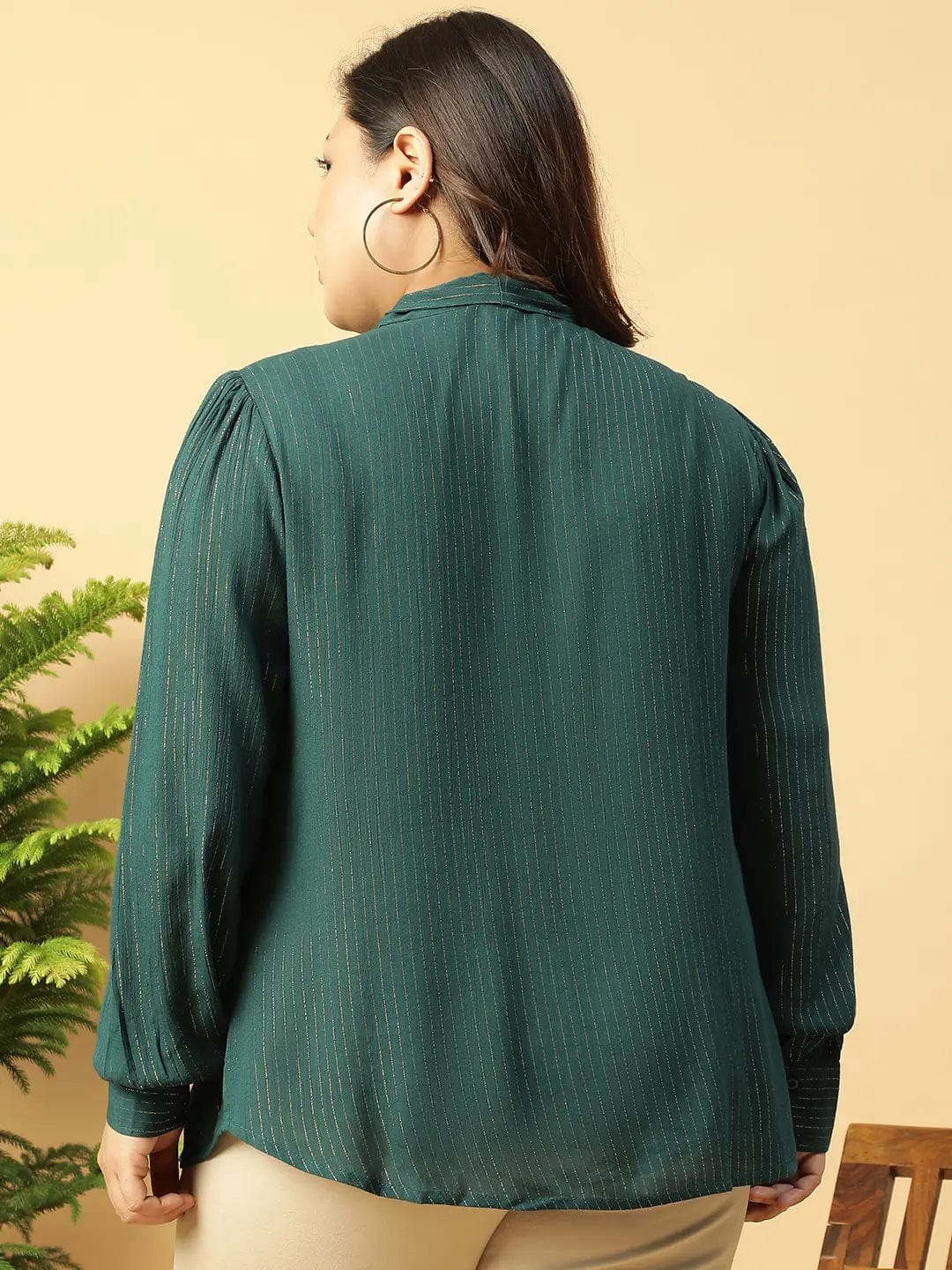 Green Lurex rayon solid V- Neck With Tie-knot Belt Long Sleeve Plus Size Women Top