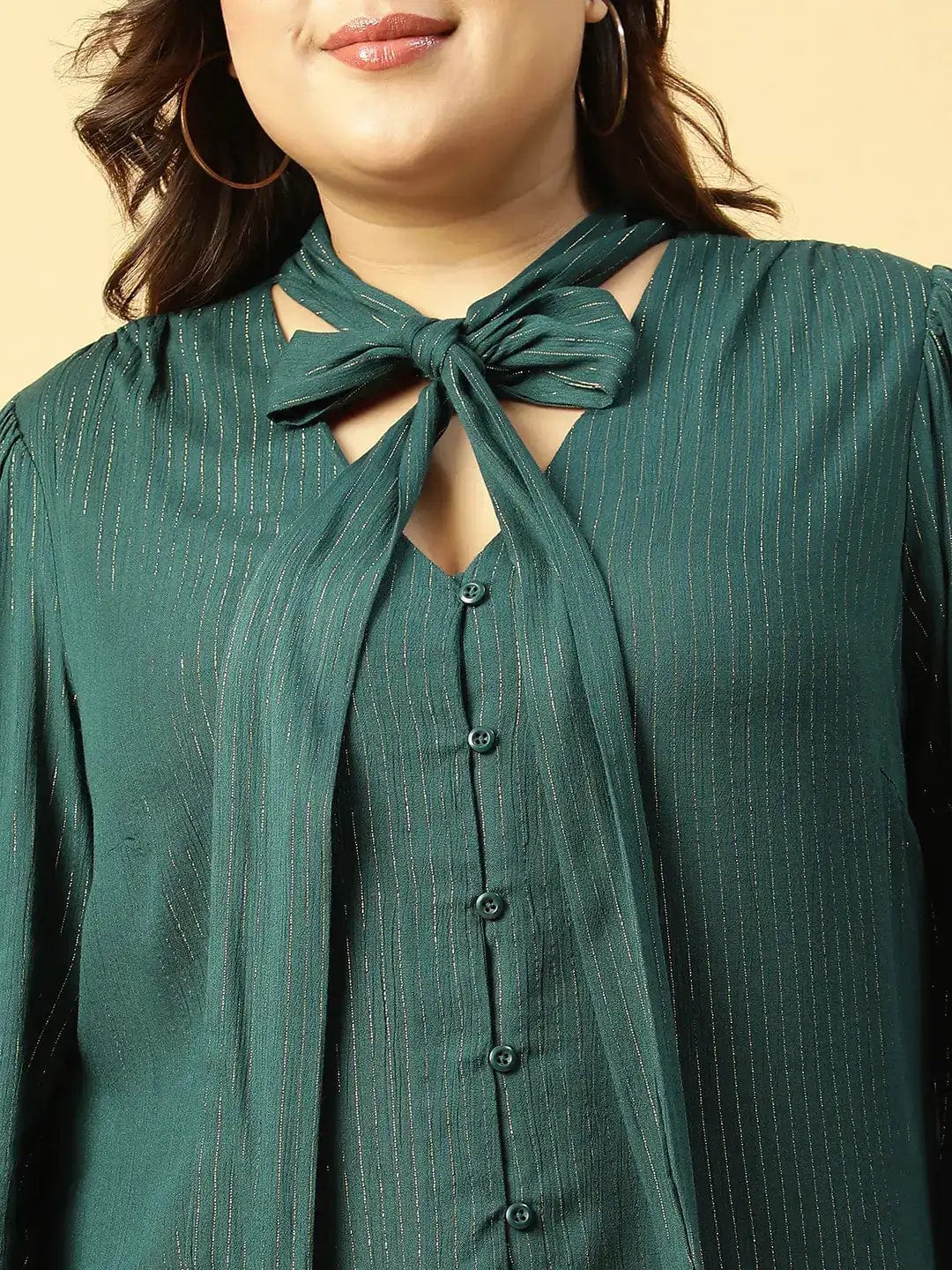 Green Lurex rayon solid V- Neck With Tie-knot Belt Long Sleeve Plus Size Women Top