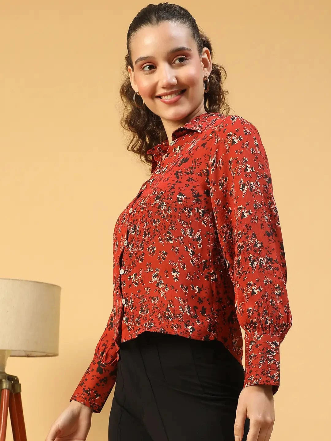 Tweed Marron Floral Print Collared Long Sleeve Button Down Women Satin Shirt