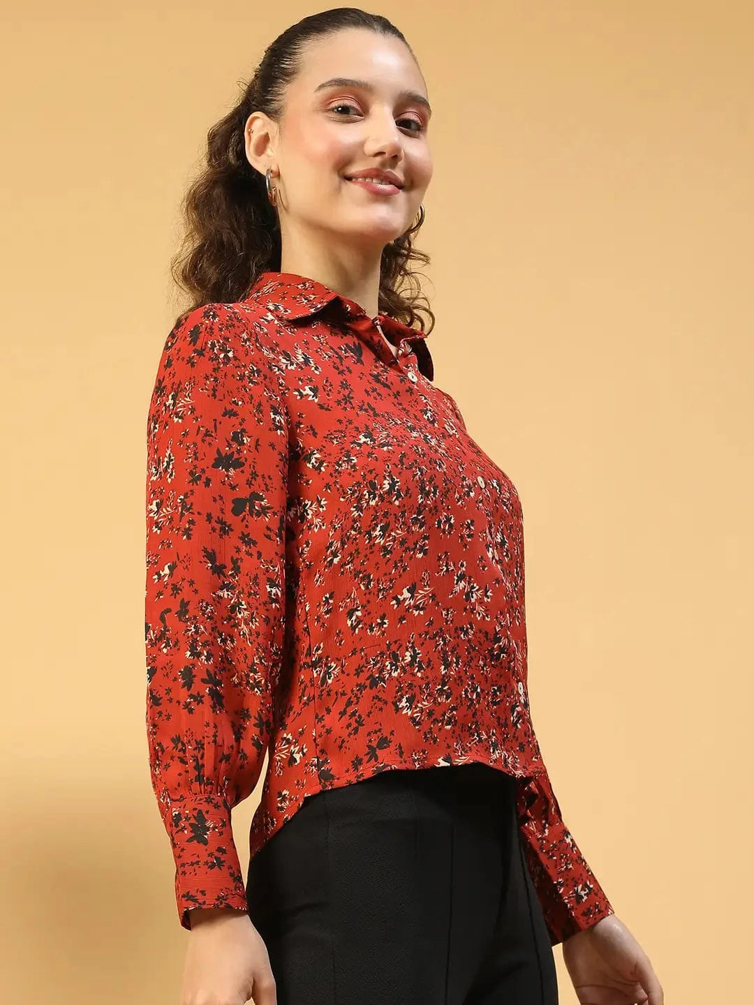 Tweed Marron Floral Print Collared Long Sleeve Button Down Women Satin Shirt