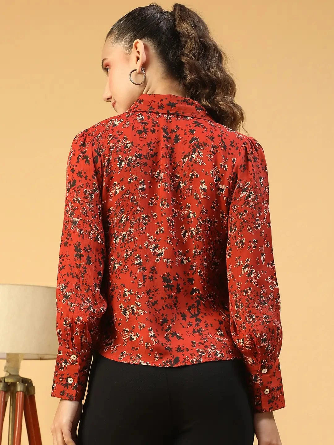 Tweed Marron Floral Print Collared Long Sleeve Button Down Women Satin Shirt