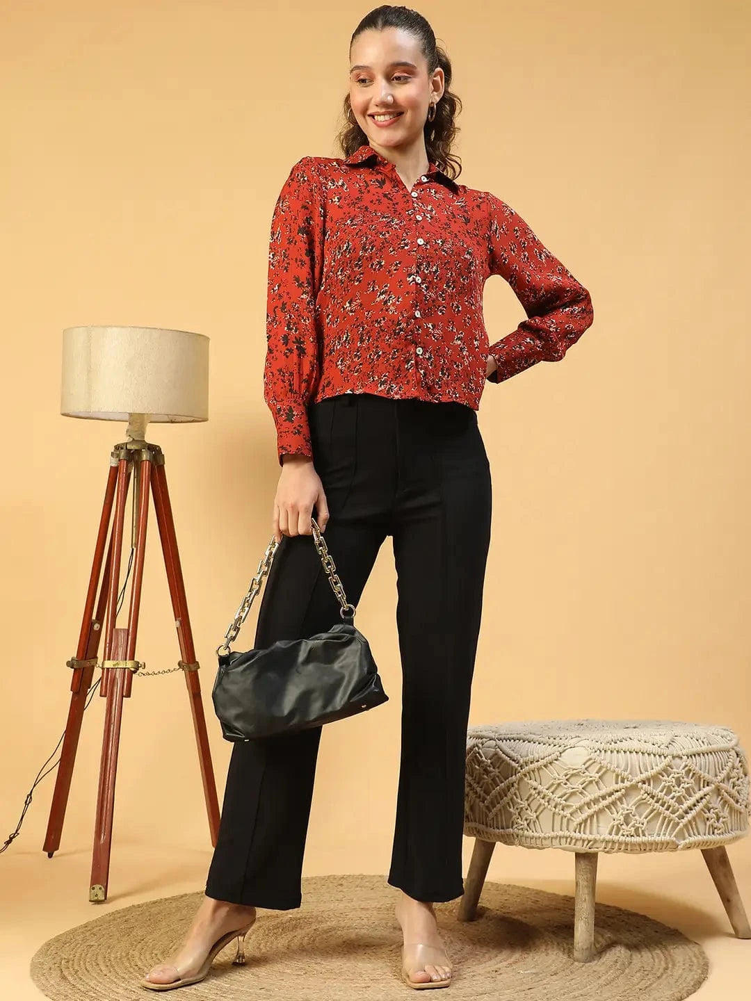 Tweed Marron Floral Print Collared Long Sleeve Button Down Women Satin Shirt