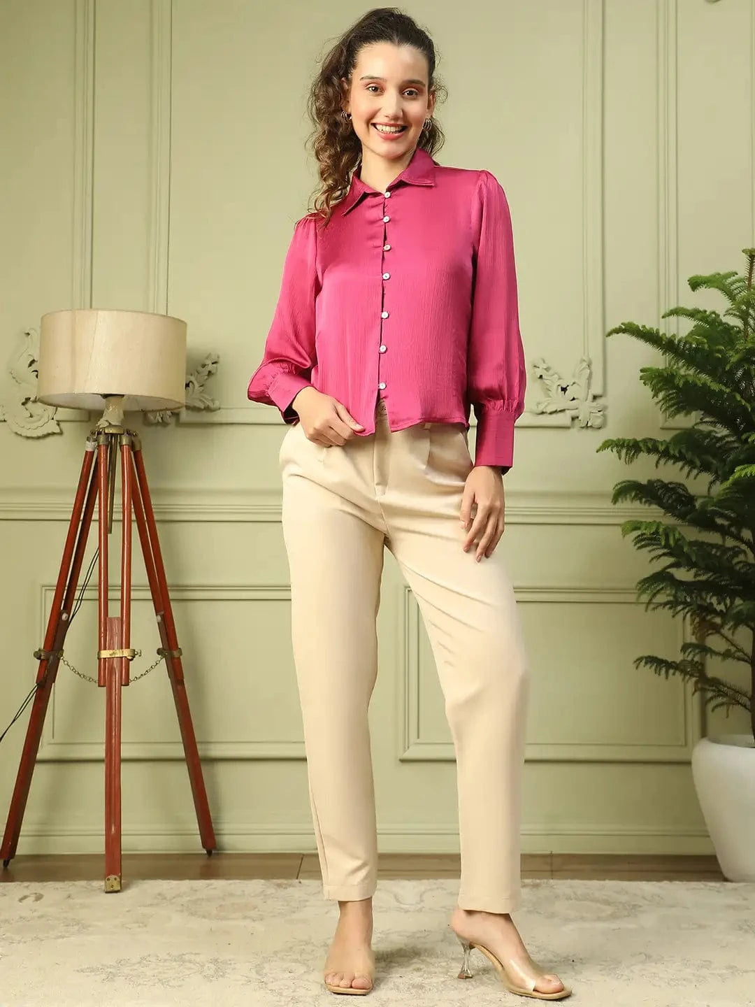 Blazing Purple Collared Long Sleeve Button Down Women Satin Shirt