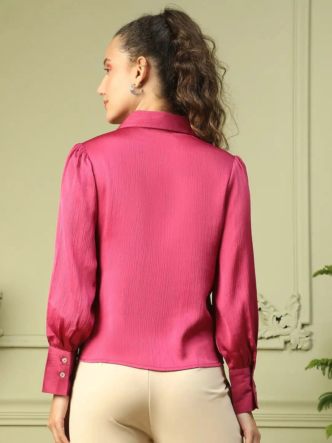 Blazing Purple Collared Long Sleeve Button Down Women Satin Shirt