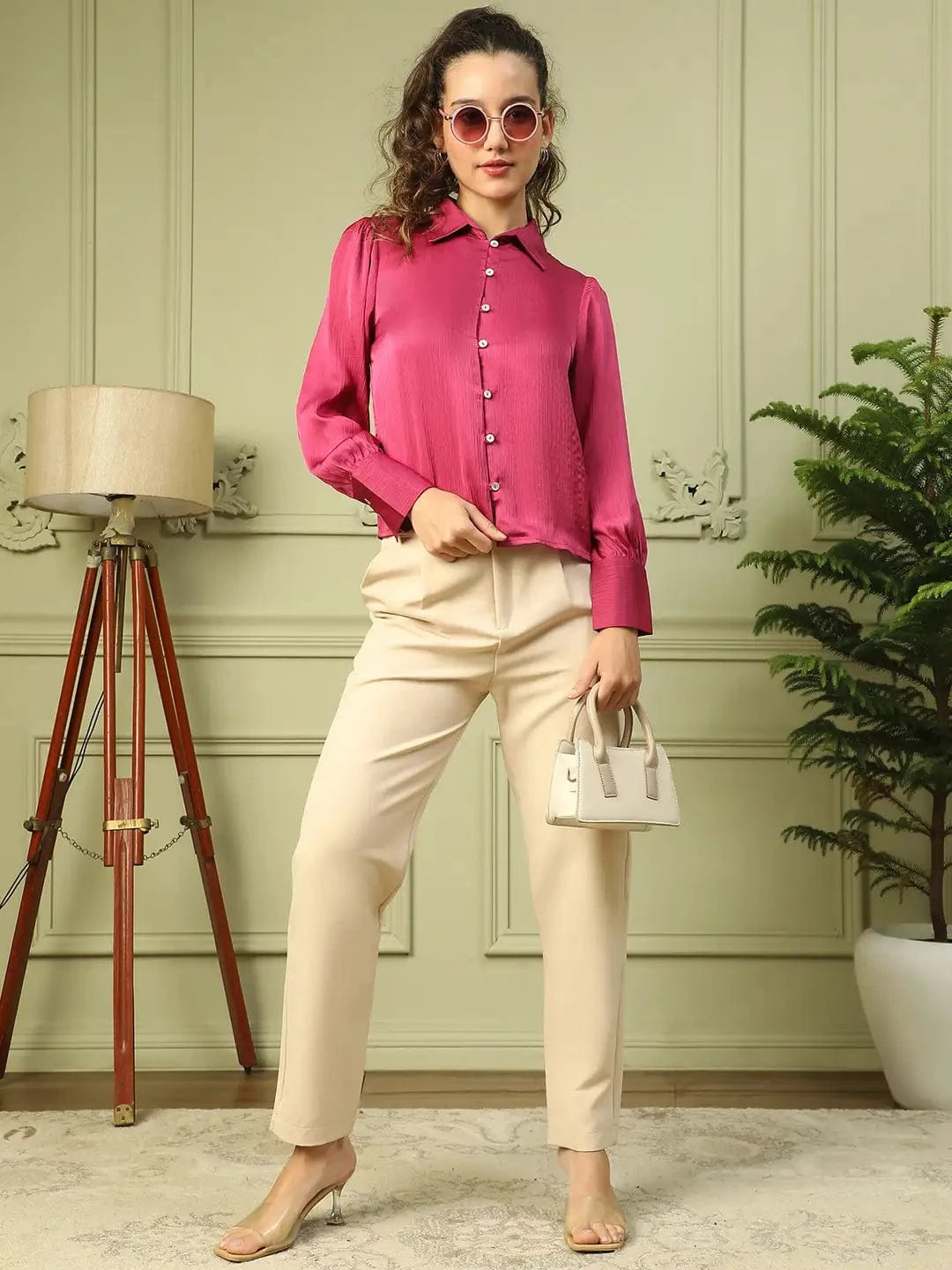 Blazing Purple Collared Long Sleeve Button Down Women Satin Shirt