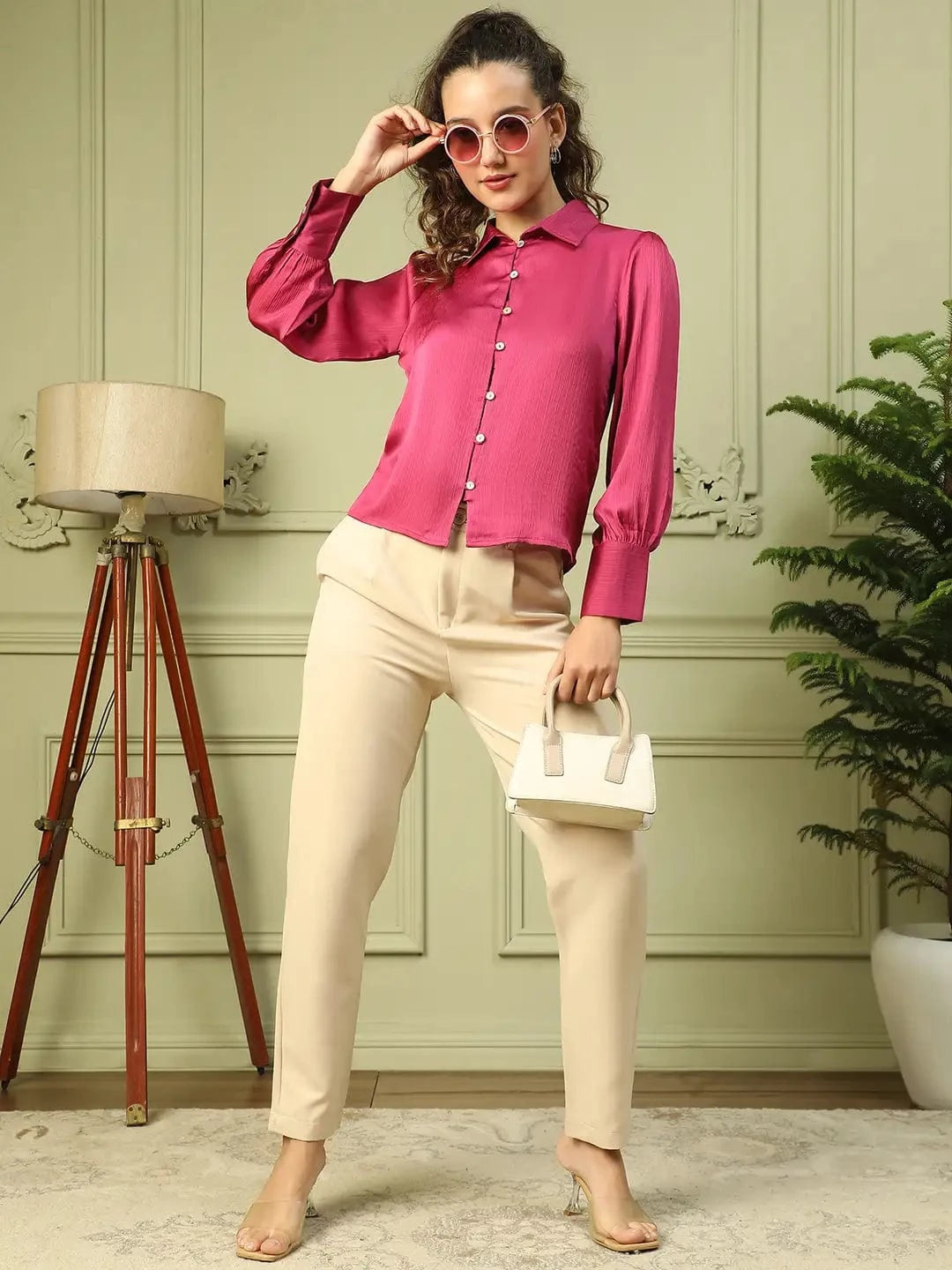 Blazing Purple Collared Long Sleeve Button Down Women Satin Shirt