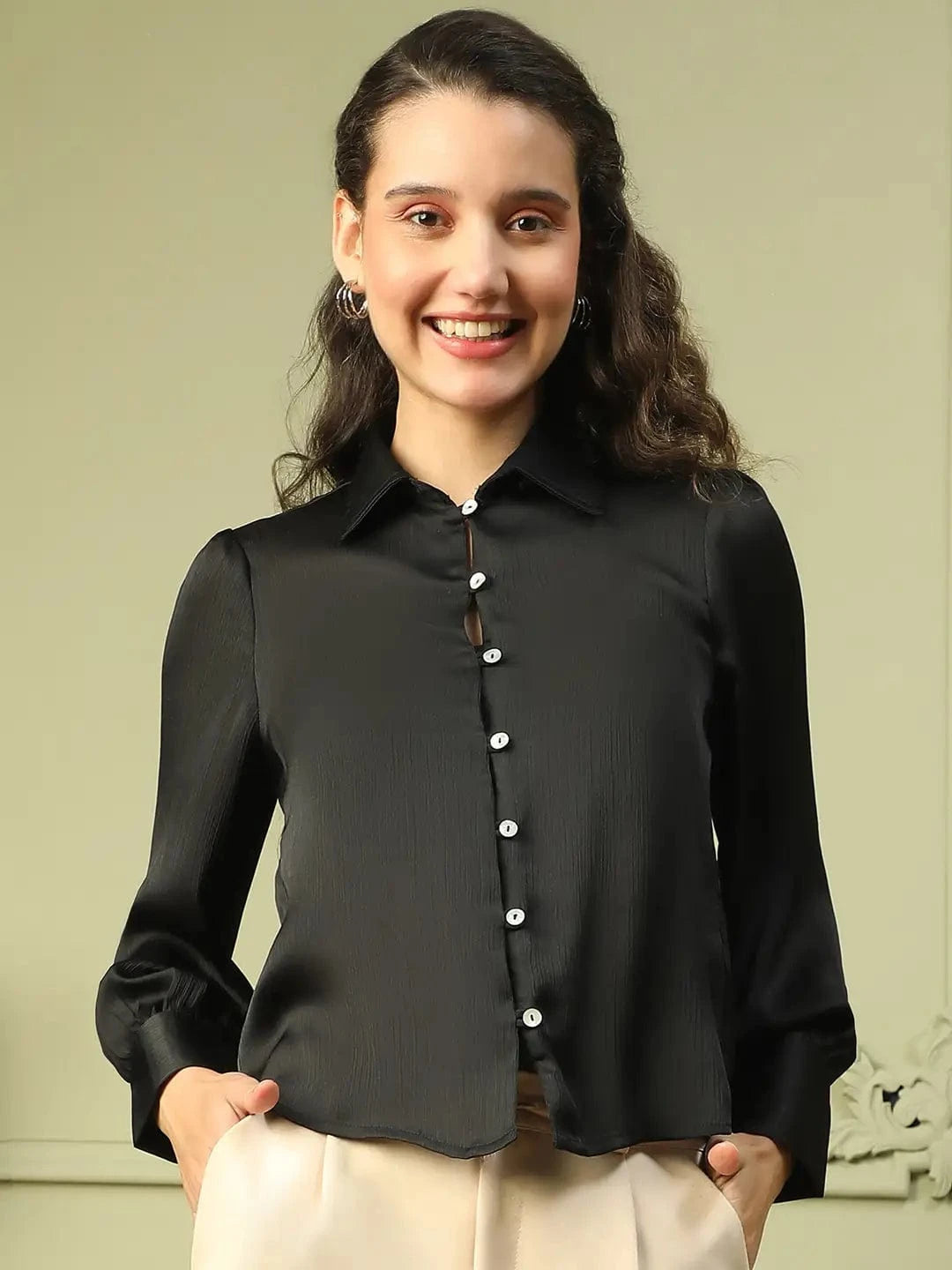 Brandish Solid Black Collared Long Sleeve Button Down Women Satin Shirt