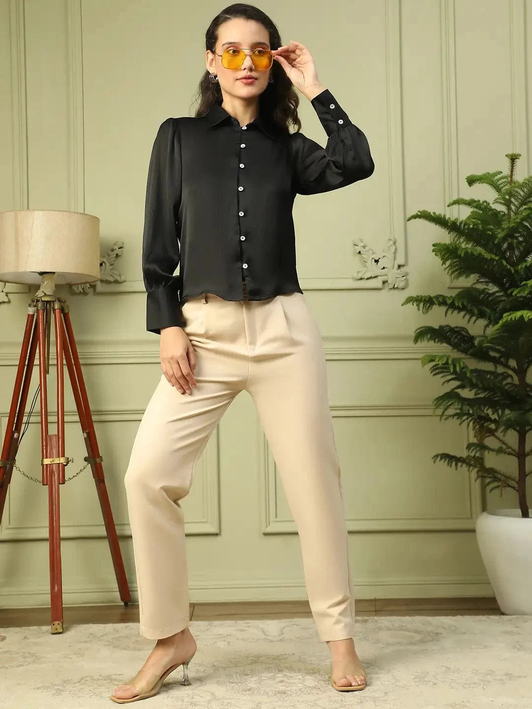 Brandish Solid Black Collared Long Sleeve Button Down Women Satin Shirt