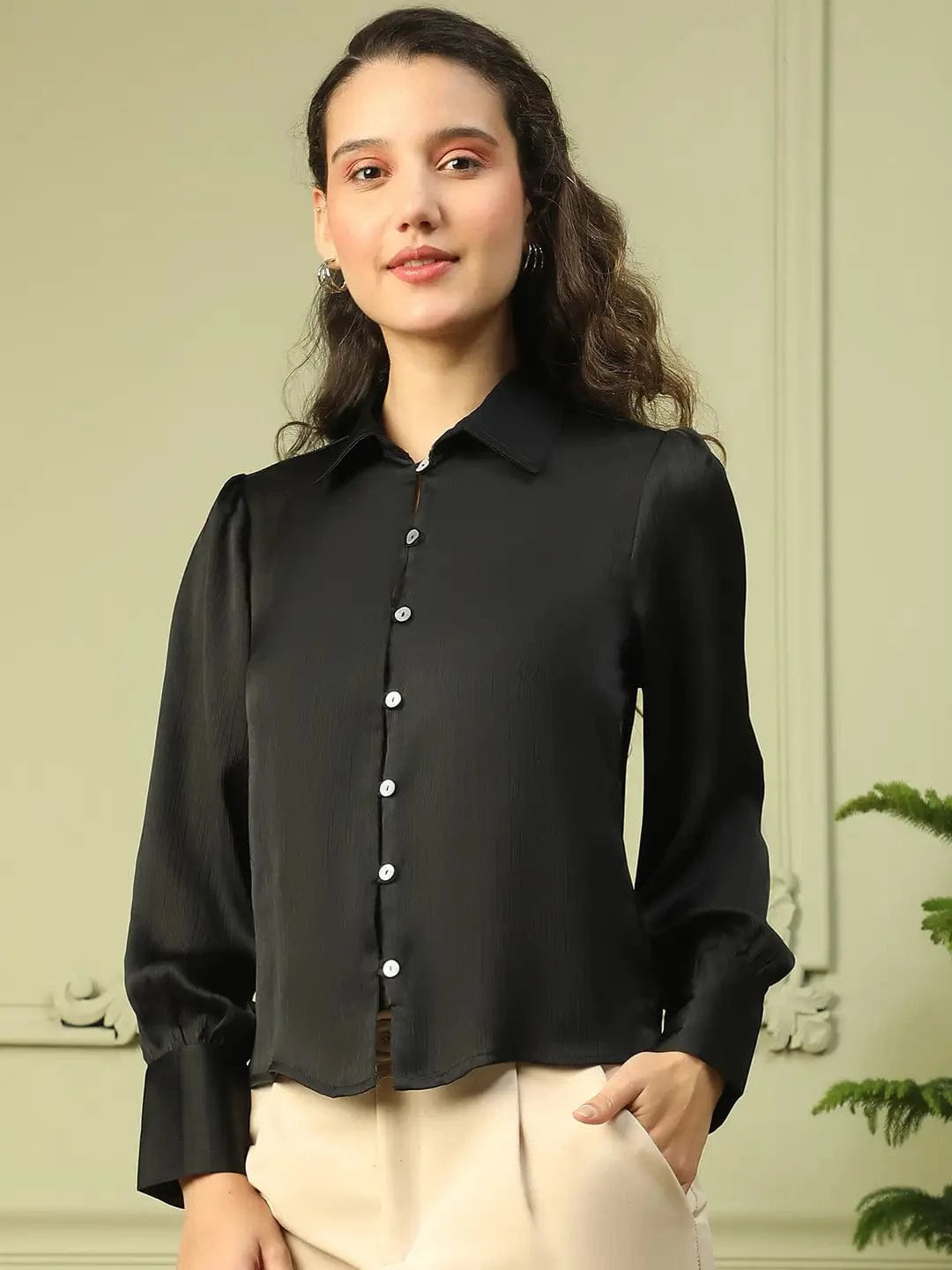 Brandish Solid Black Collared Long Sleeve Button Down Women Satin Shirt