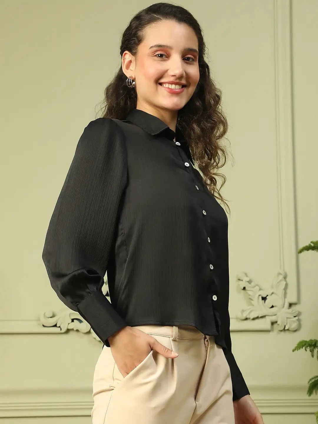 Brandish Solid Black Collared Long Sleeve Button Down Women Satin Shirt