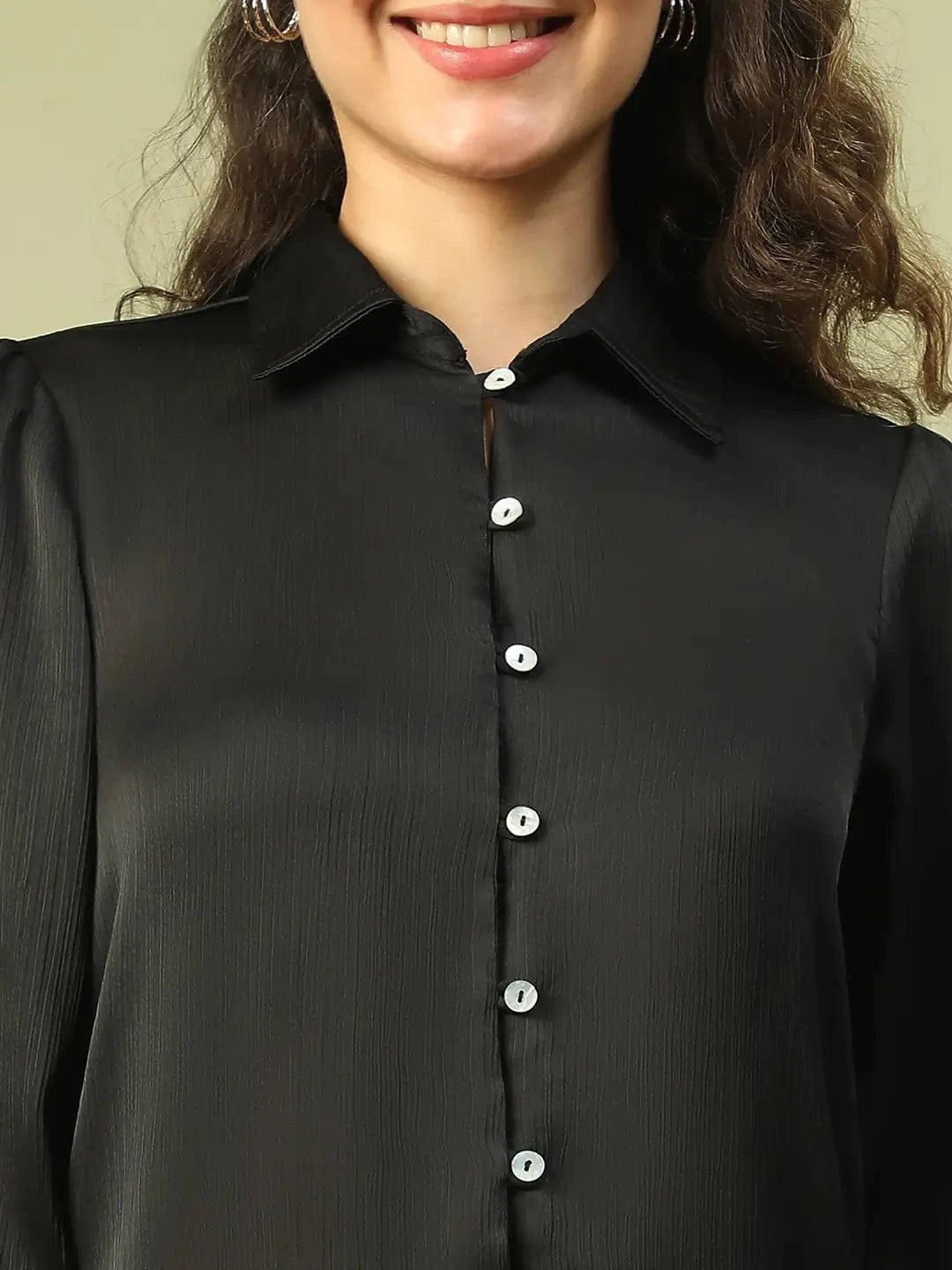 Brandish Solid Black Collared Long Sleeve Button Down Women Satin Shirt